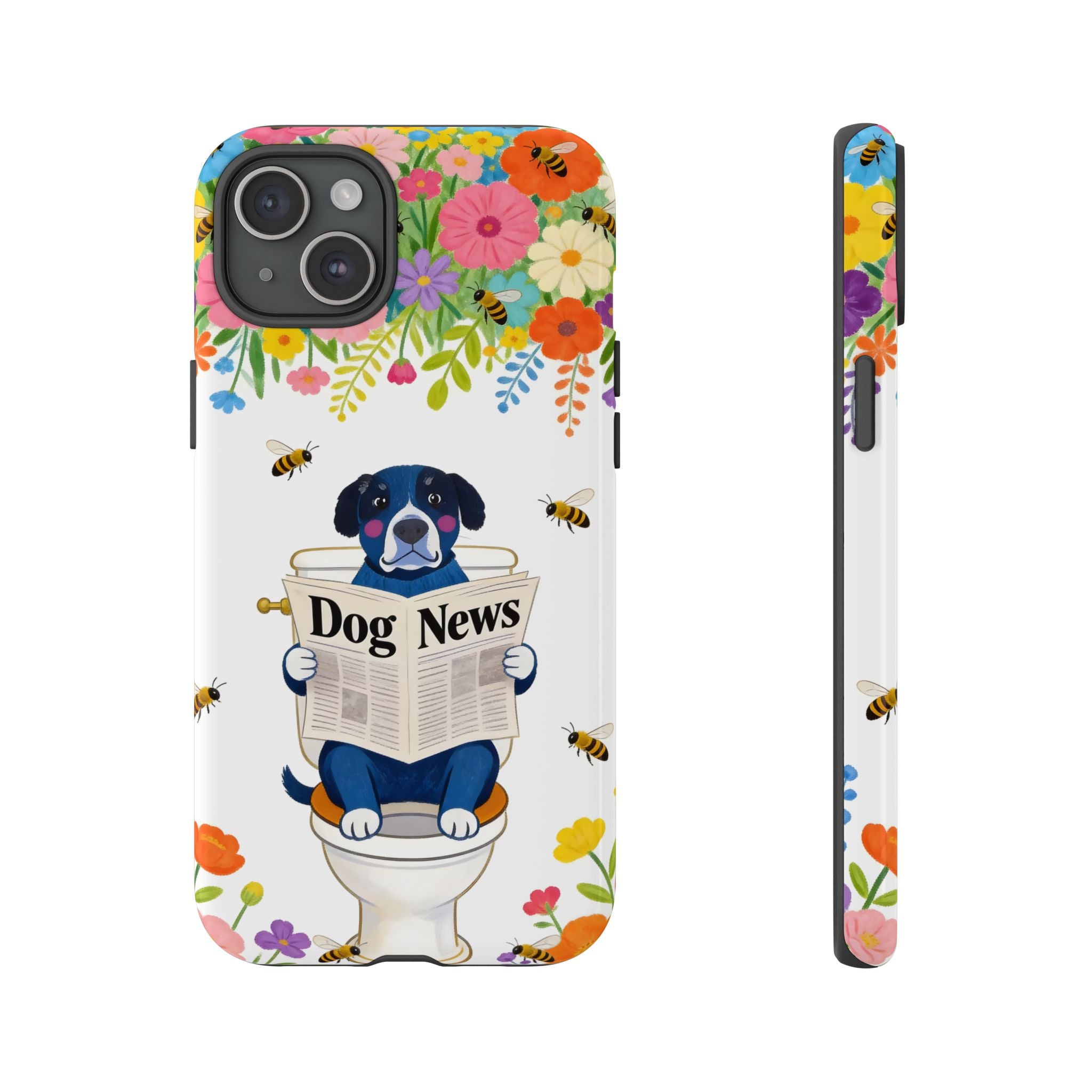 Dog News Floral iPhone Case | Cute Dog on Toilet Pattern, Spring Floral iPhone Cover