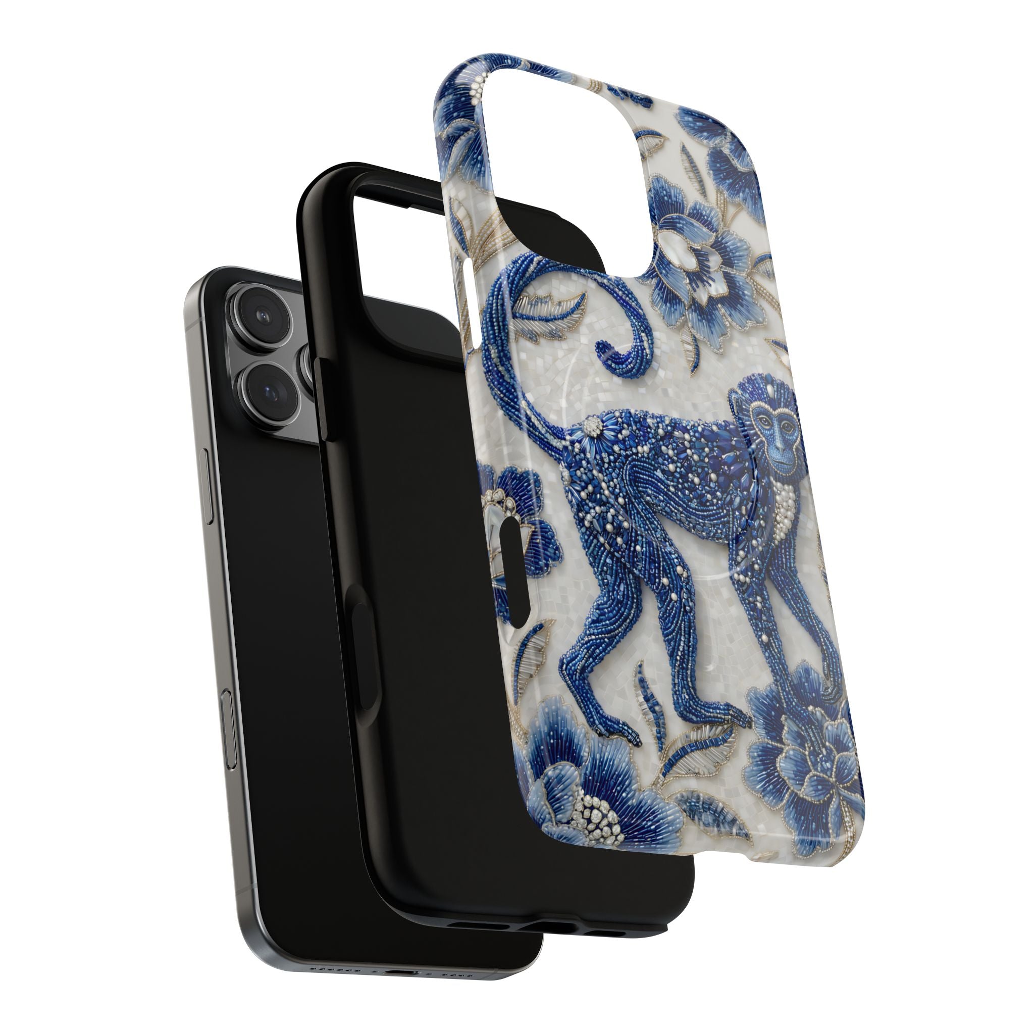 Custodia MagSafe per iPhone con Scimmia dello Zodiaco Asiatico | Custodia Protettiva con Arte in Porcellana Blu e Bianca | Regalo Anno della Scimmia