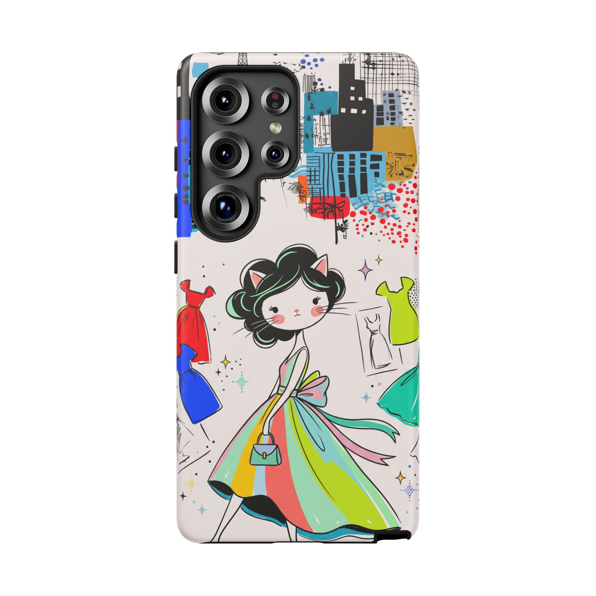 Retro Fashion Cat Girl Samsung Galaxy Phone Case | Cute Dress & City Print