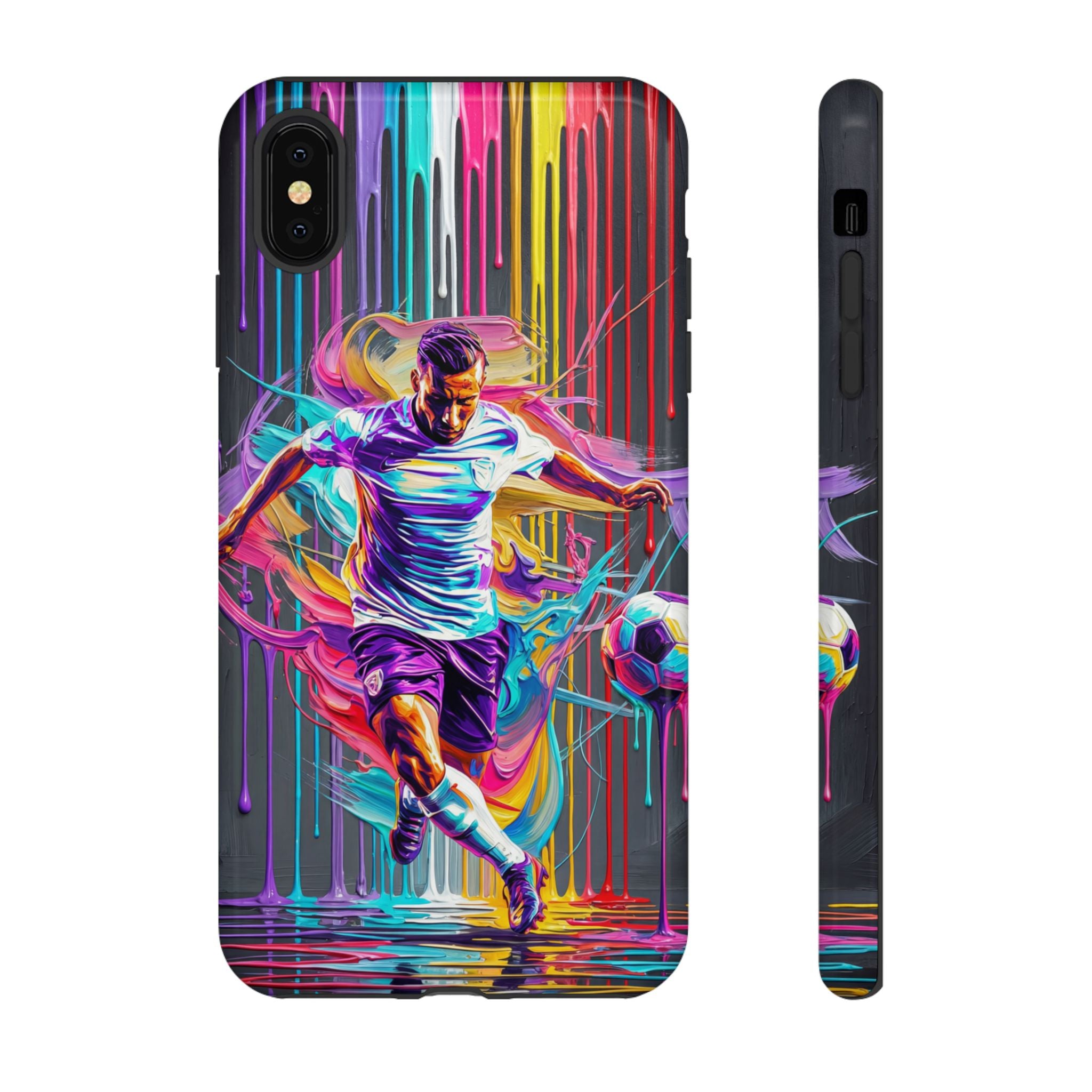 Soccer Player Neon Art iPhone Case | Vibrant Football Kick Protective Cover