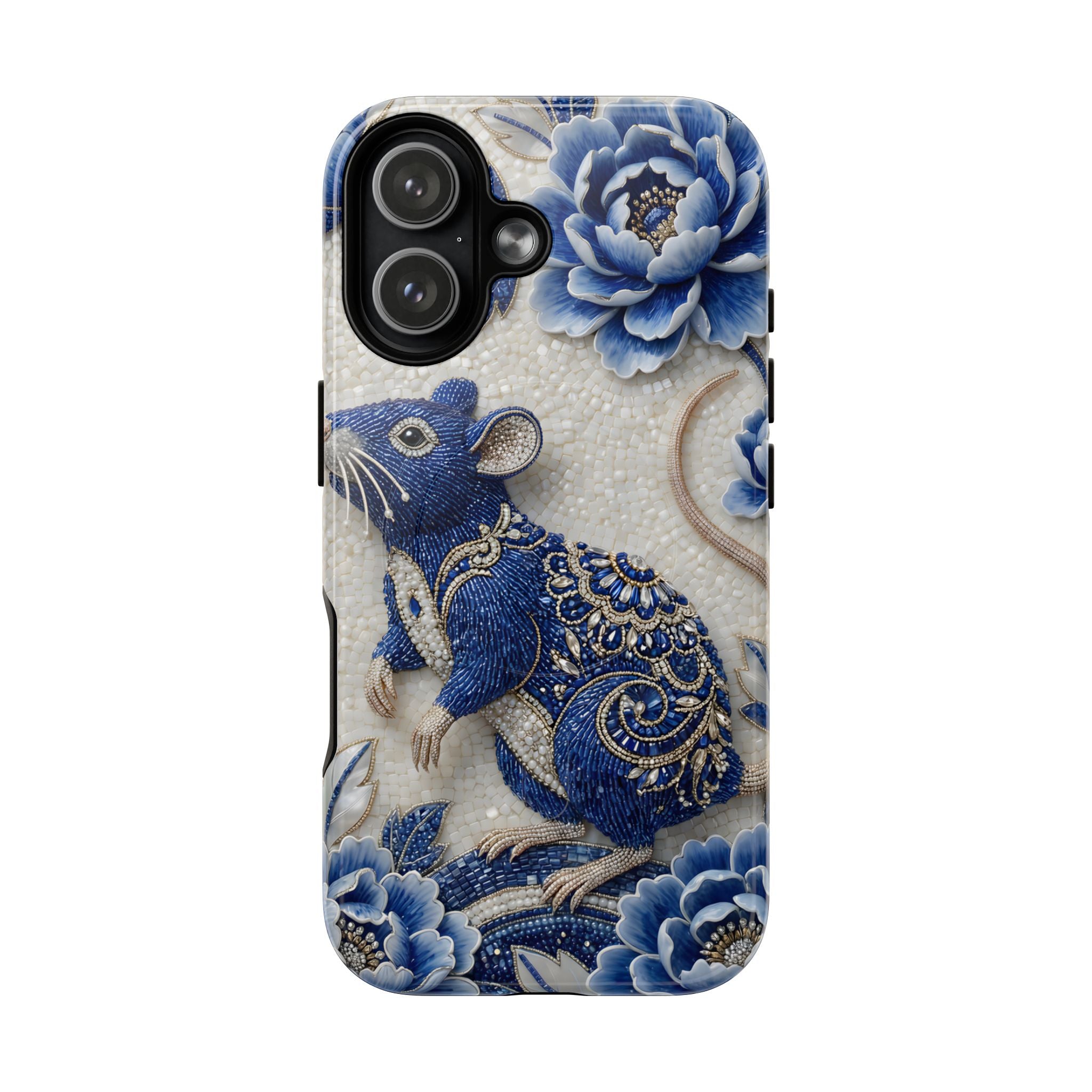 Cover MagSafe per iPhone con Ratto Zodiaco Cinese | Cover Protettiva Sottile per iPhone con Arte in Porcellana Blu e Bianca | Regalo Anno del Ratto