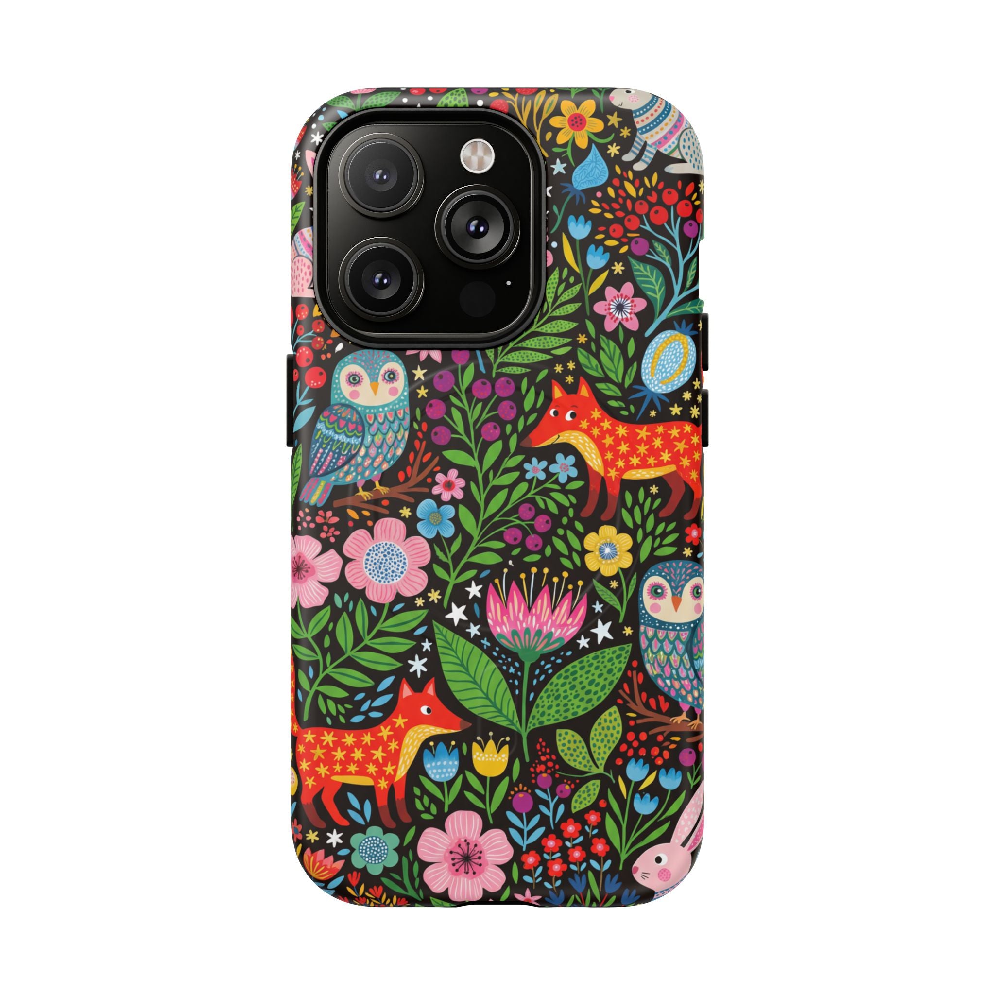 Floral Woodland MagSafe iPhone Case | Colourful Fox & Owl Protective Cover