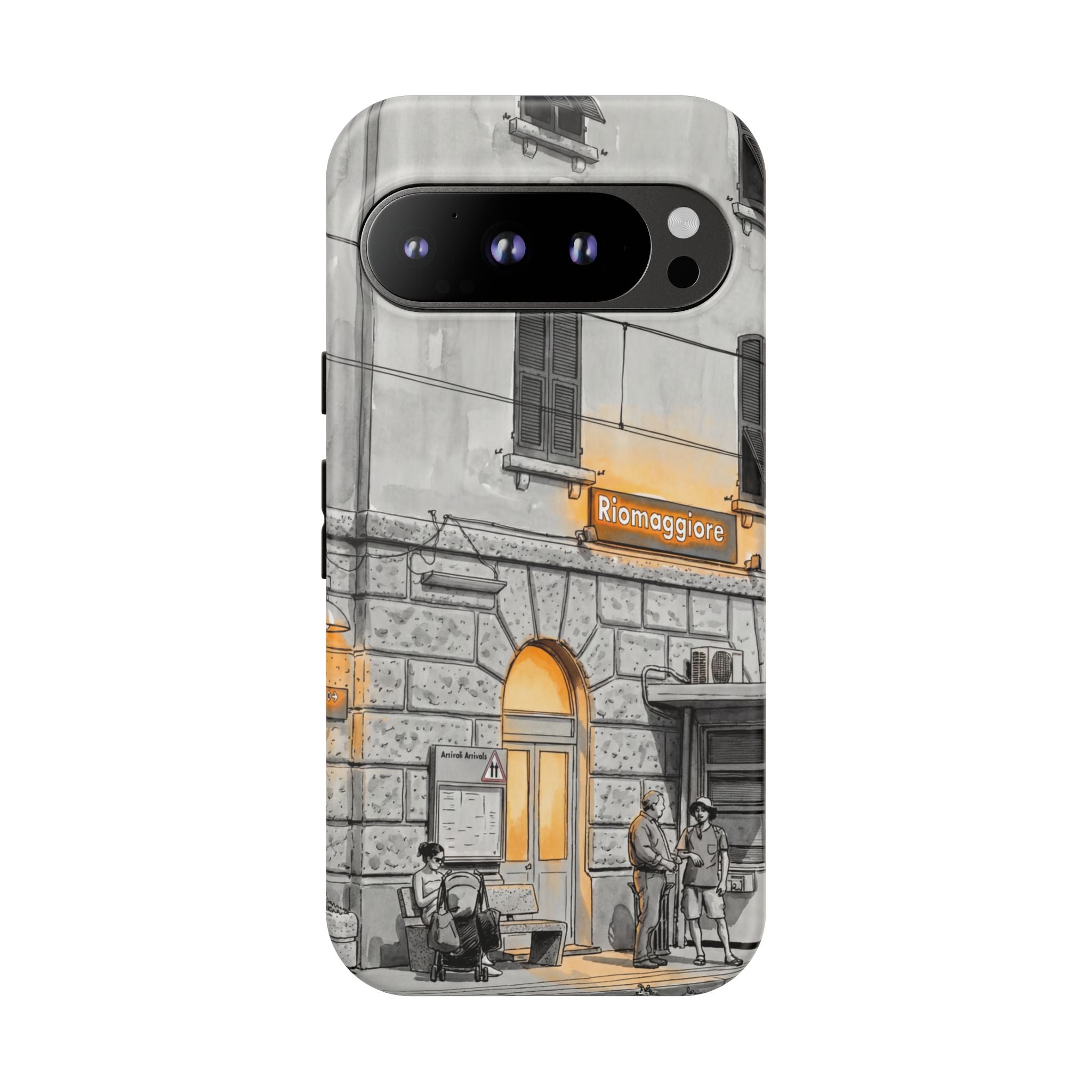 Cinque Terre Train Station Google Pixel Case | Black & White Sketch with Warm Yellow Accents