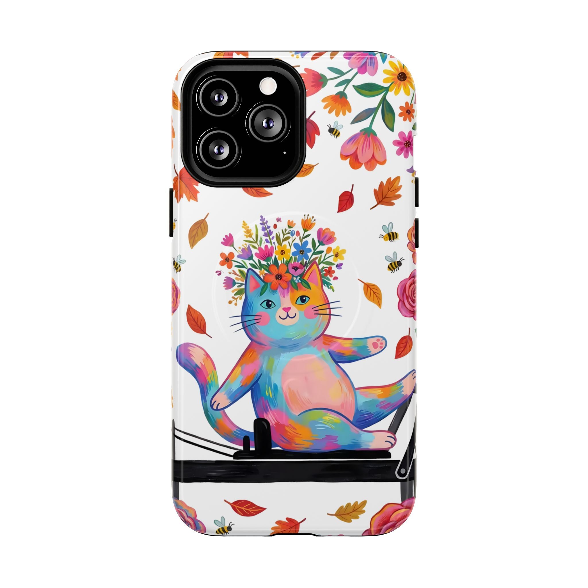 Colorful Floral Cat on Pilates Reformer Protective MagSafe iPhone Case