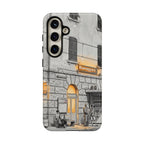 Custodia per Samsung Galaxy con stazione ferroviaria Cinque Terre | Schizzo in bianco e nero con accenti gialli caldi