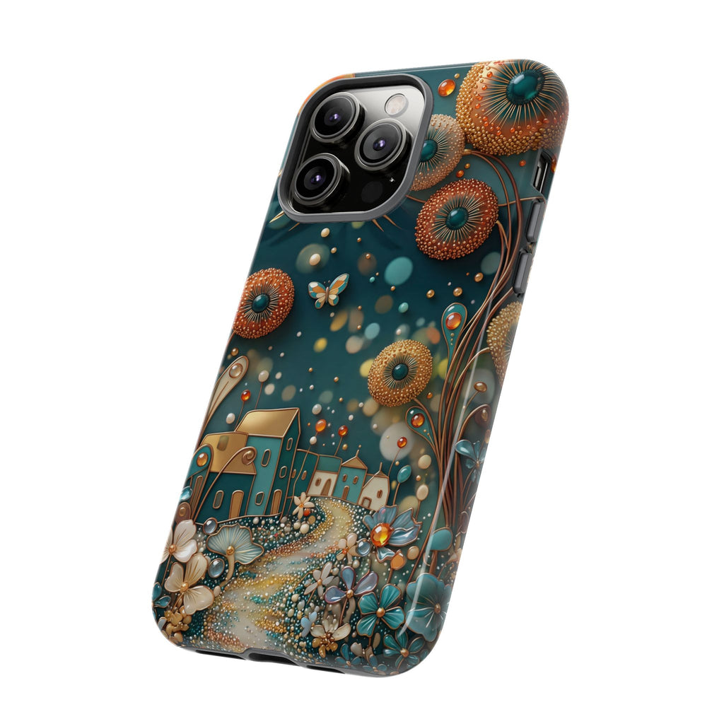 Whimsical Night Village iPhone Case | Floral Moonlit Art Tough Case