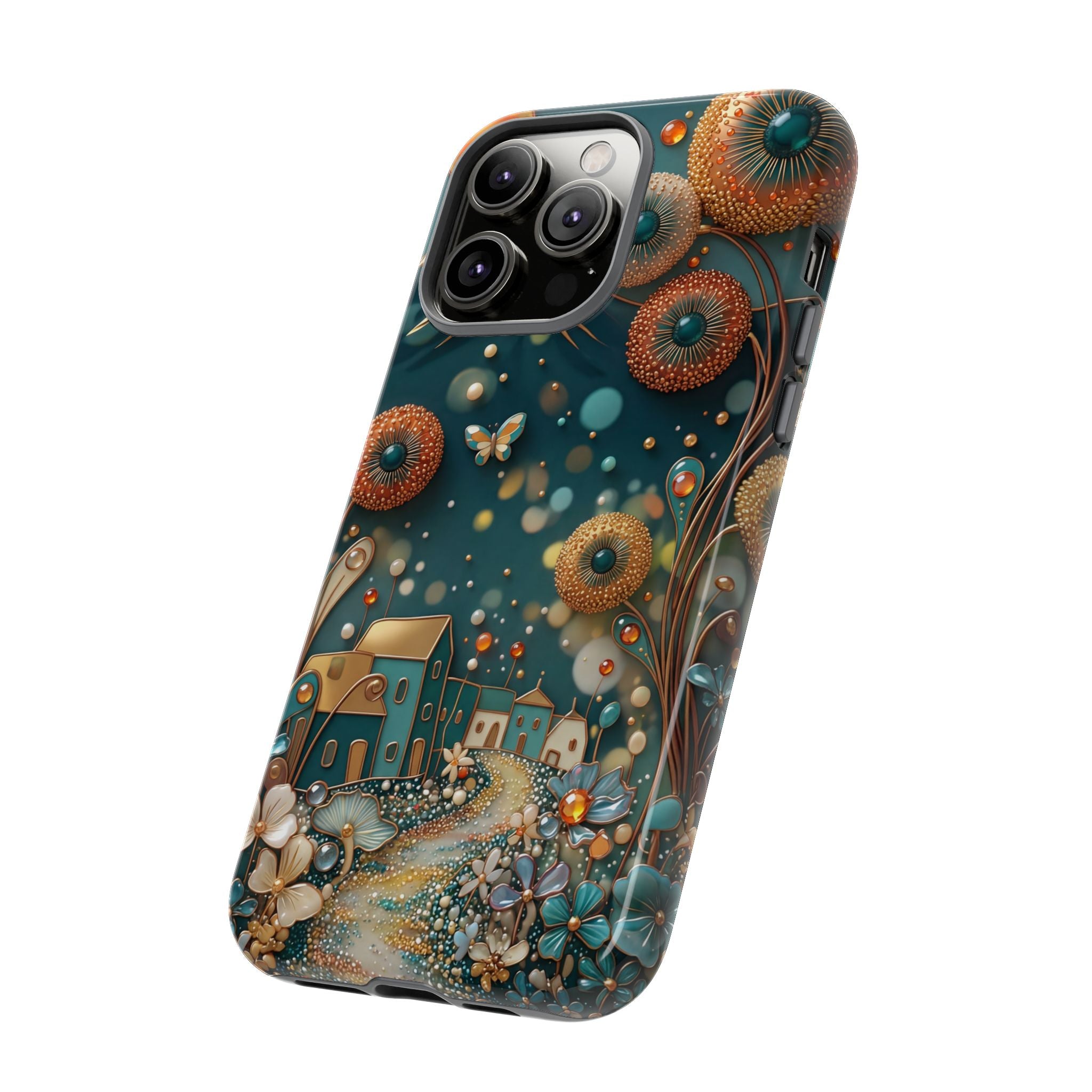 Whimsical Night Village iPhone Case | Floral Moonlit Art Tough Case