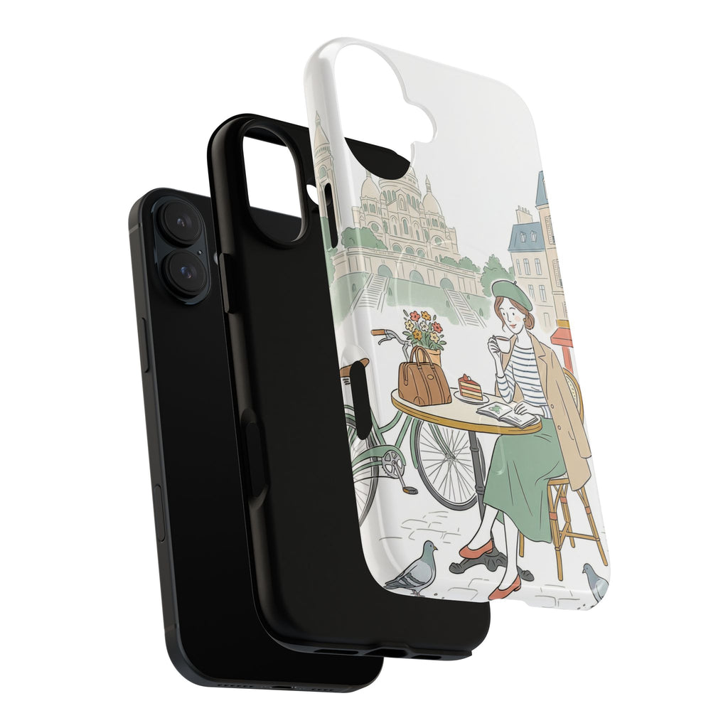 Paris Cafe Illustration MagSafe iPhone Case | Vintage Bicycles & Pigeons Protective Cover