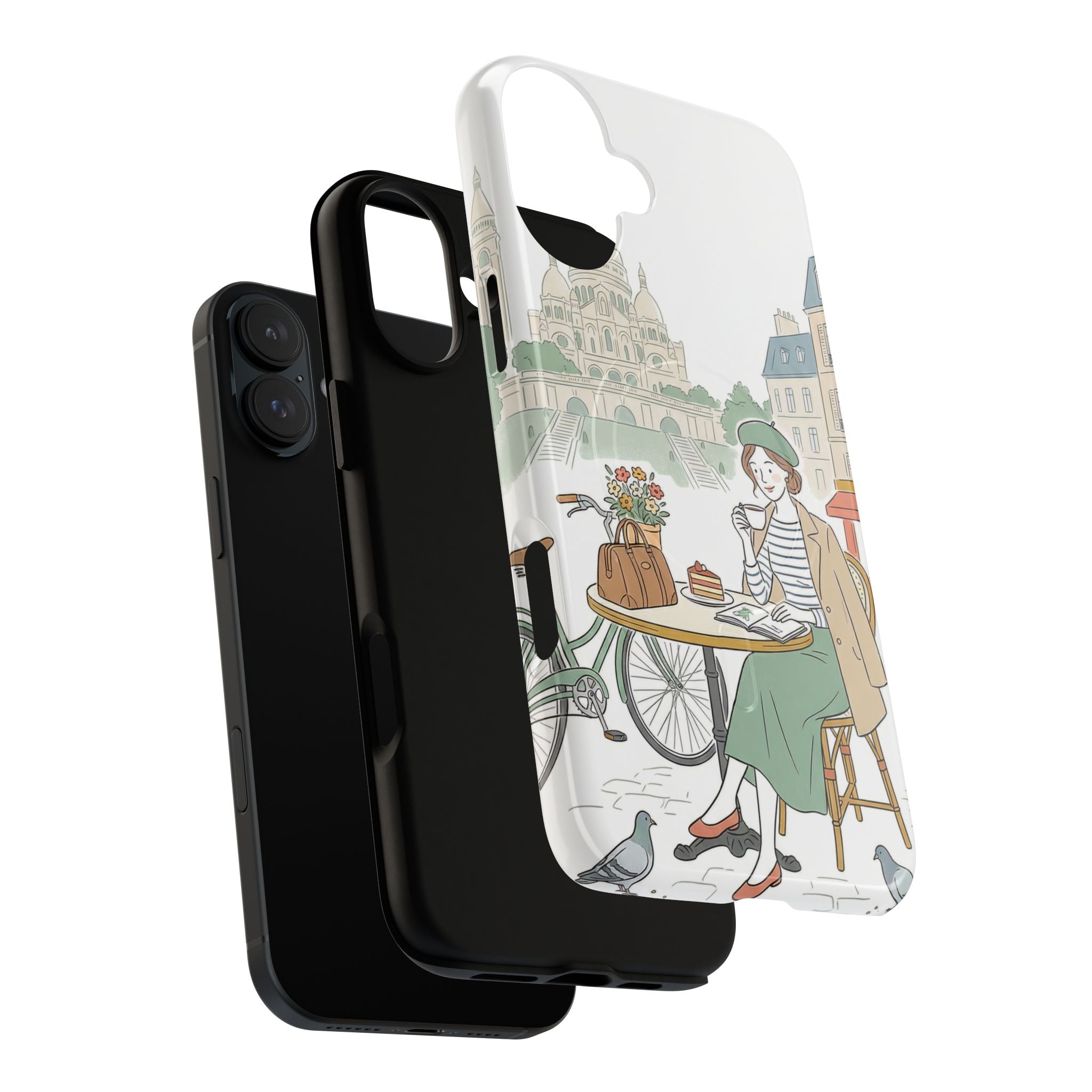 Paris Cafe Illustration MagSafe iPhone Case | Vintage Bicycles & Pigeons Protective Cover