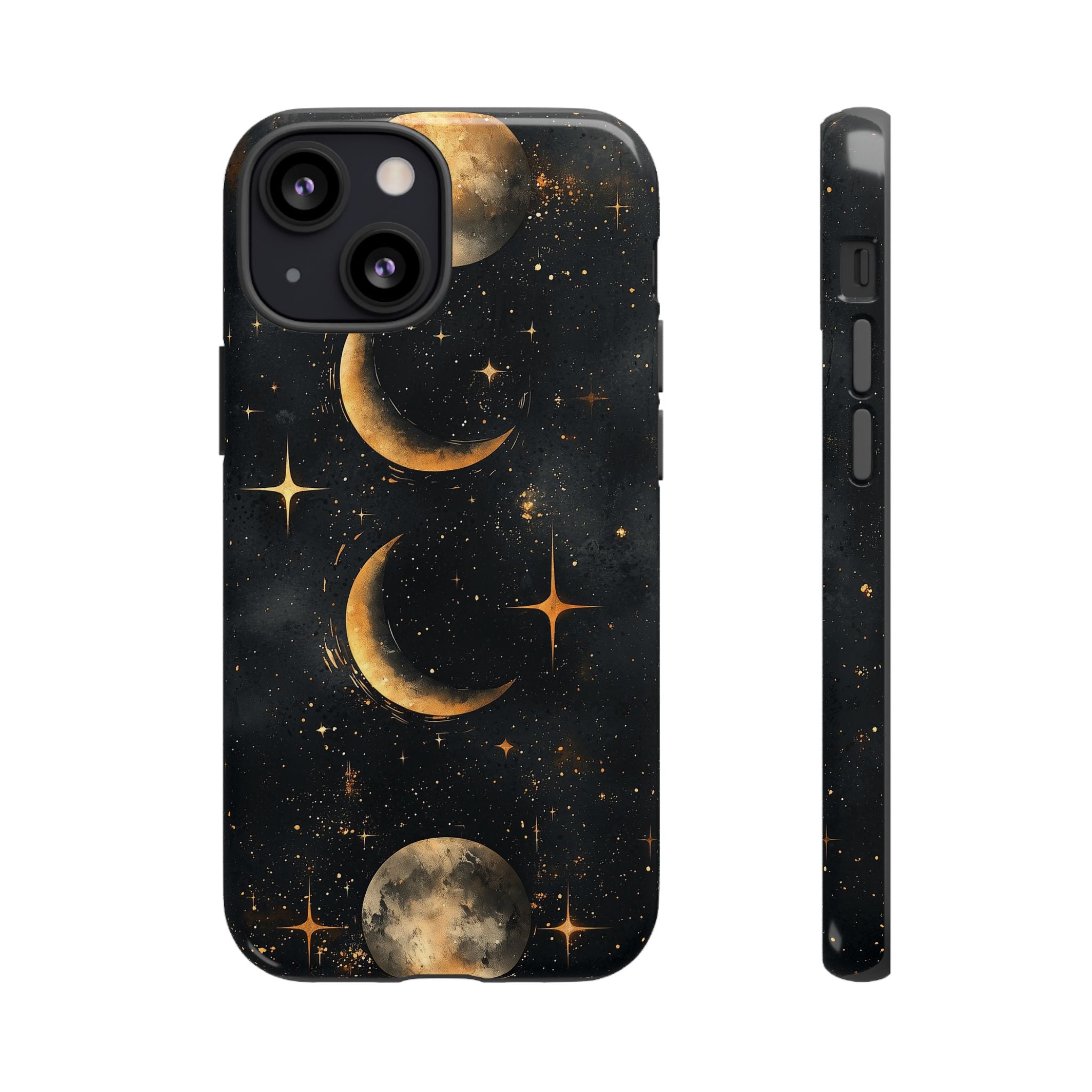 Celestial Moon Phases Tough iPhone Case | Gold Crescent & Full Moon Galaxy Design