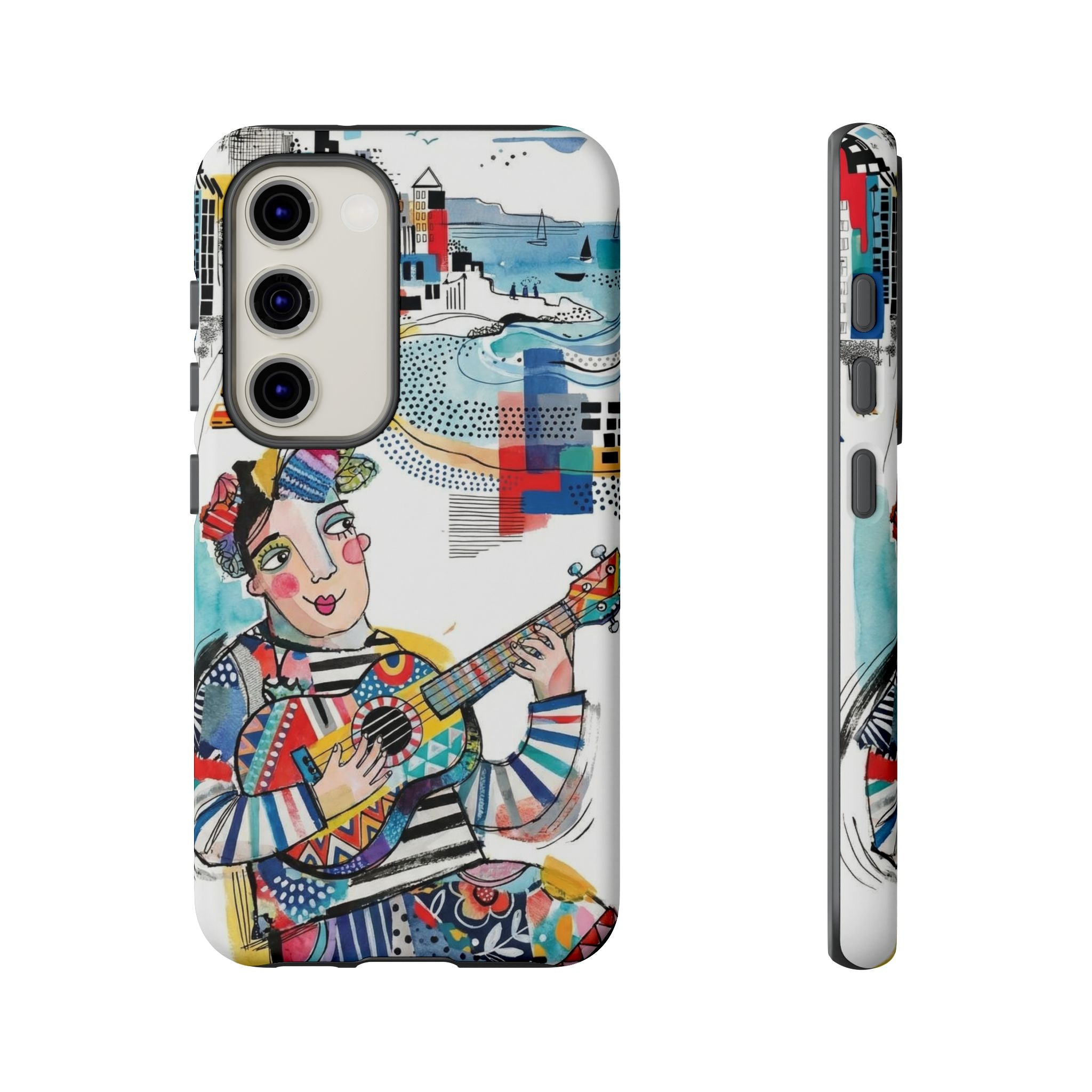Custodia per Samsung Galaxy per Musicisti Artistici | Custodia Resistente con Chitarra Colorata e Paesaggio Urbano