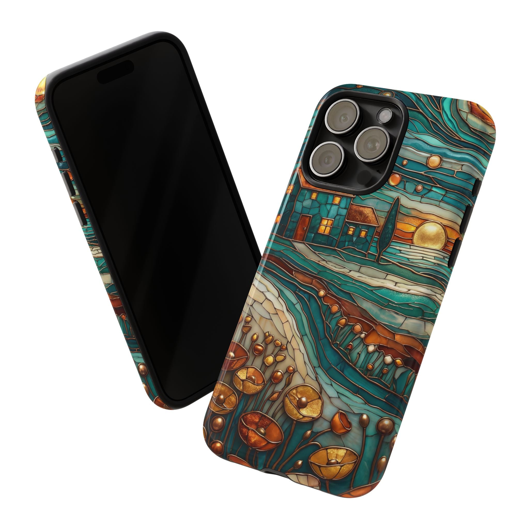 Artistic Sunset Cottage iPhone Case | Whimsical Floral Landscape Protective Cover