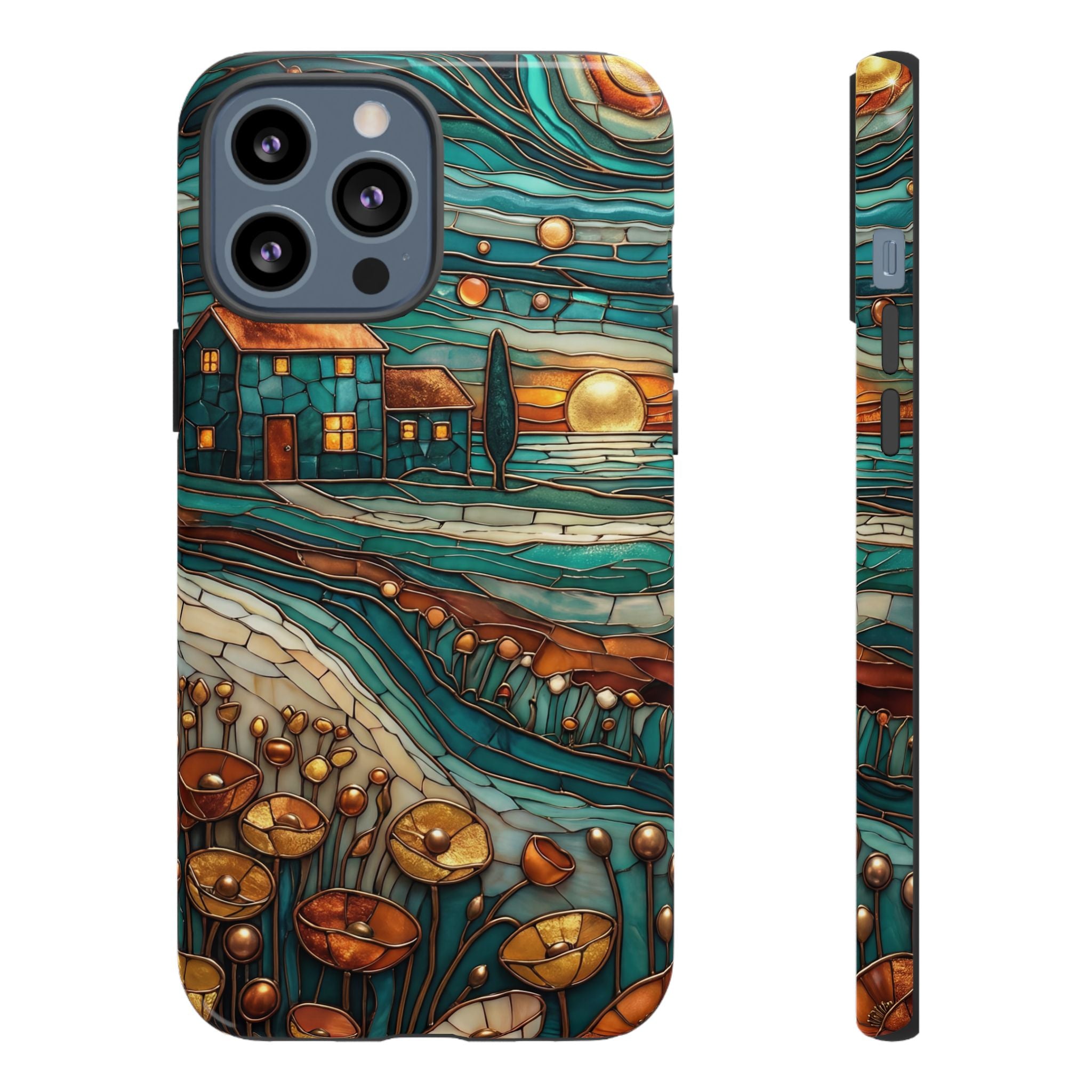 Artistic Sunset Cottage iPhone Case | Whimsical Floral Landscape Protective Cover