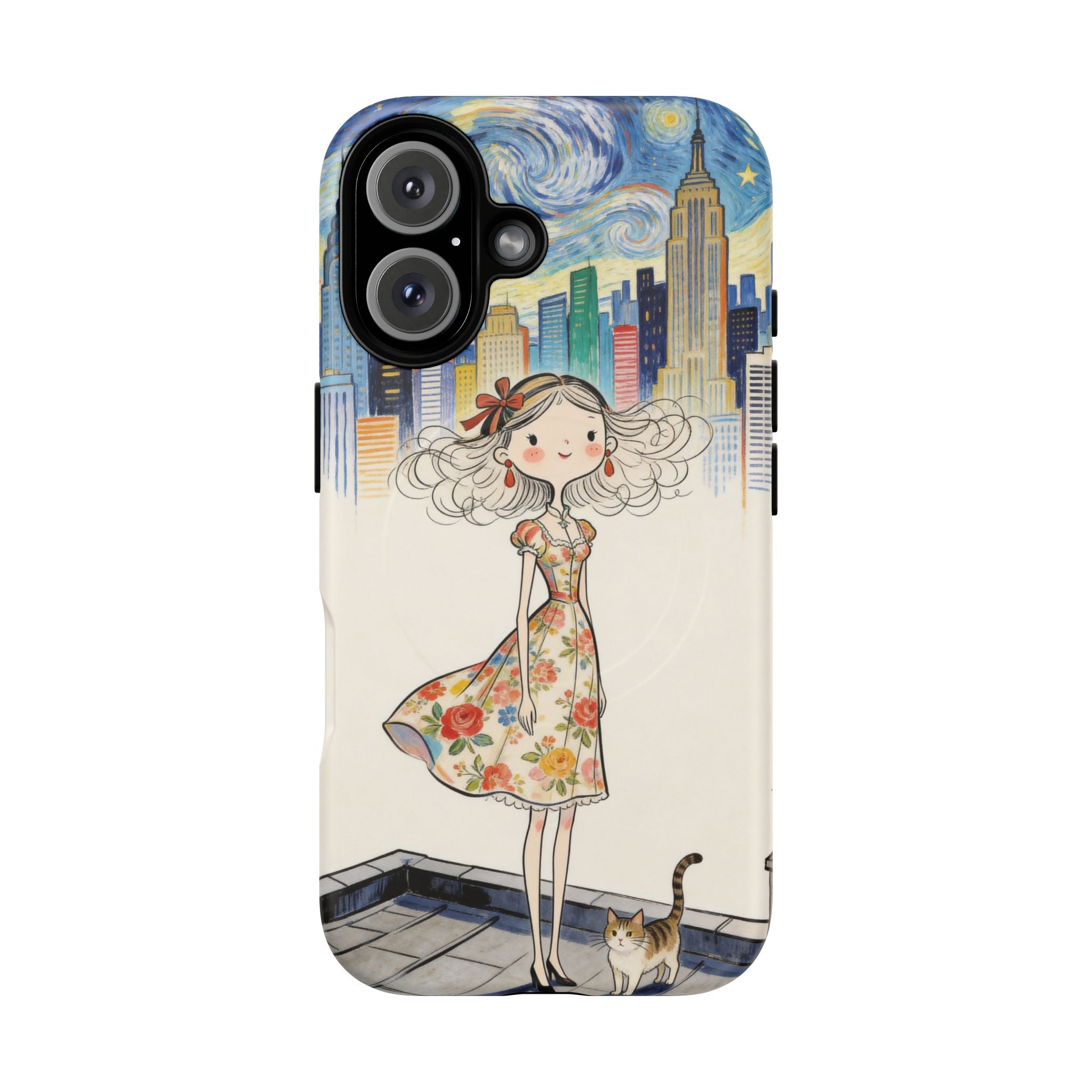 Artistic Girl Cityscape MagSafe iPhone Case | Cute Floral Dress Rooftop Design