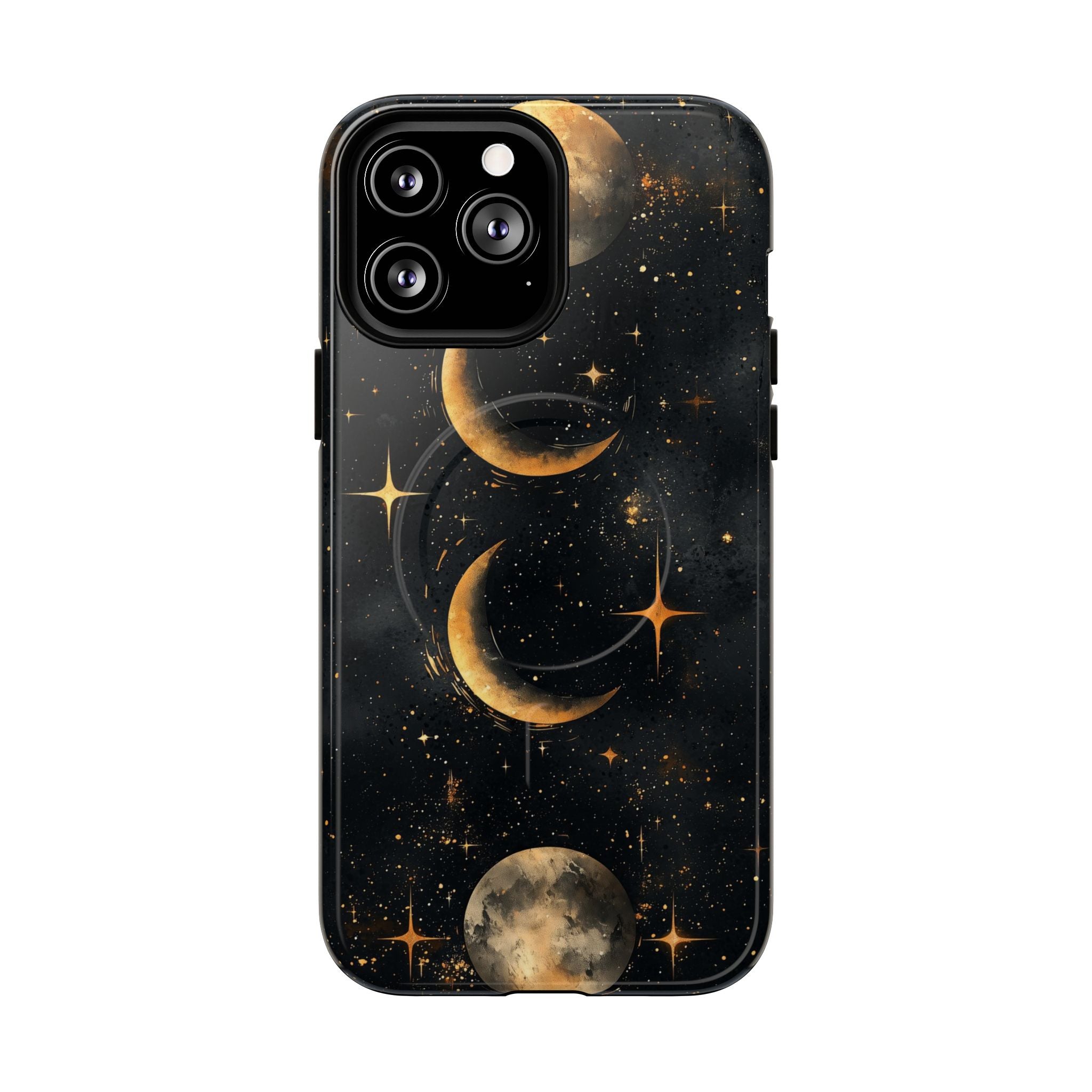 Custodia rigida MagSafe per iPhone con fasi lunari celestiali | Design a forma di galassia con mezzaluna dorata e luna piena