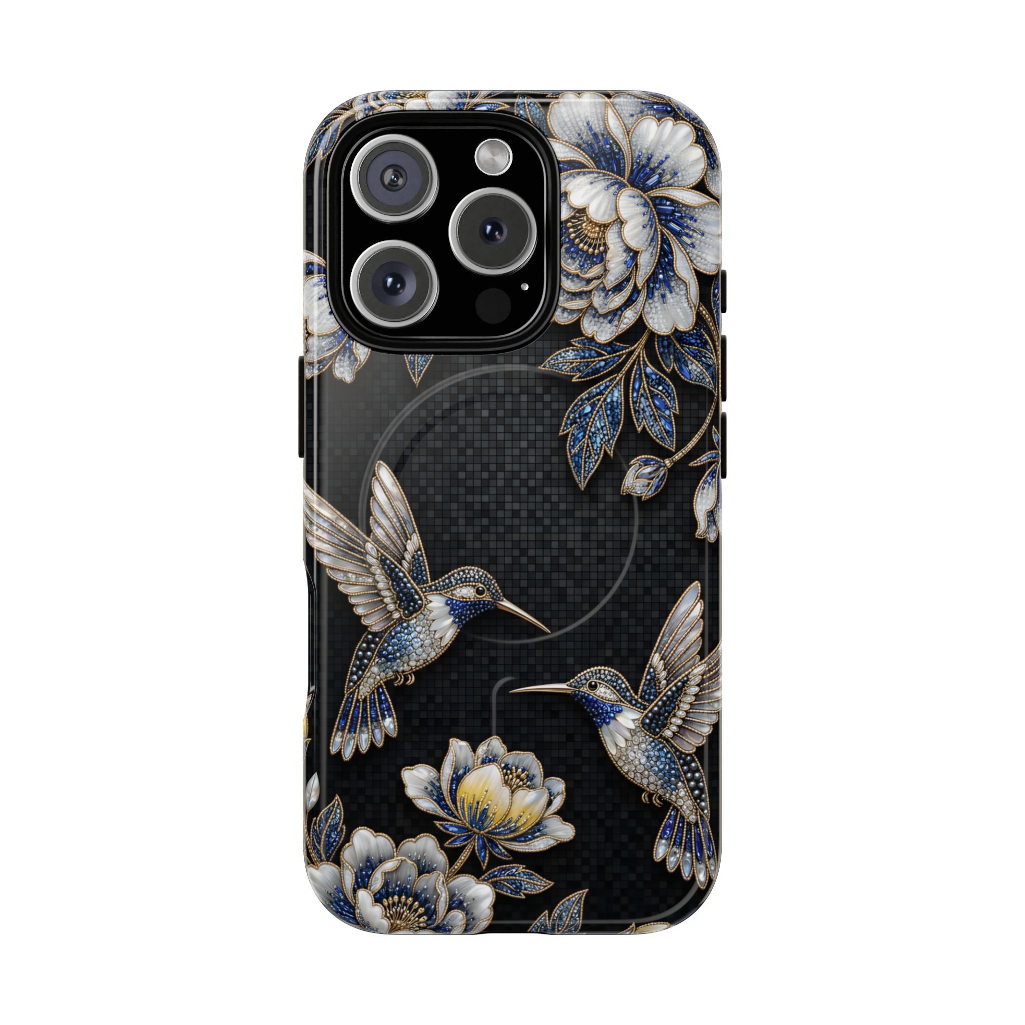Hummingbird & Peony Floral MagSafe iPhone Case | Elegant Black Protective Cover