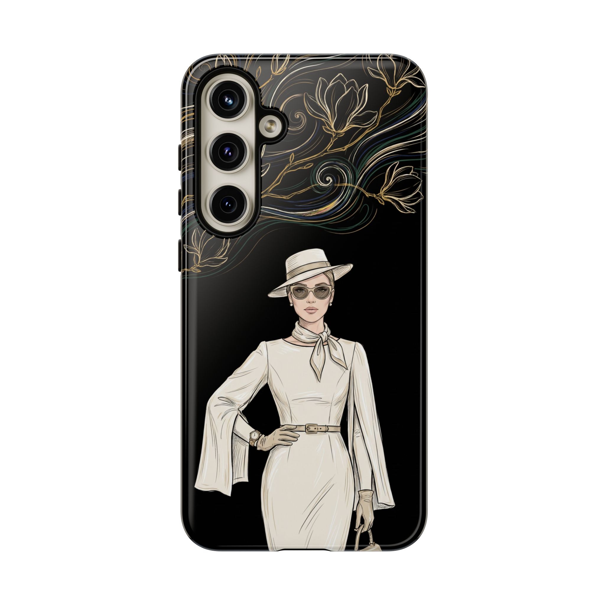 Samsung Galaxy Phone Case | Elegant Vintage Lady with Gold Floral Swirls