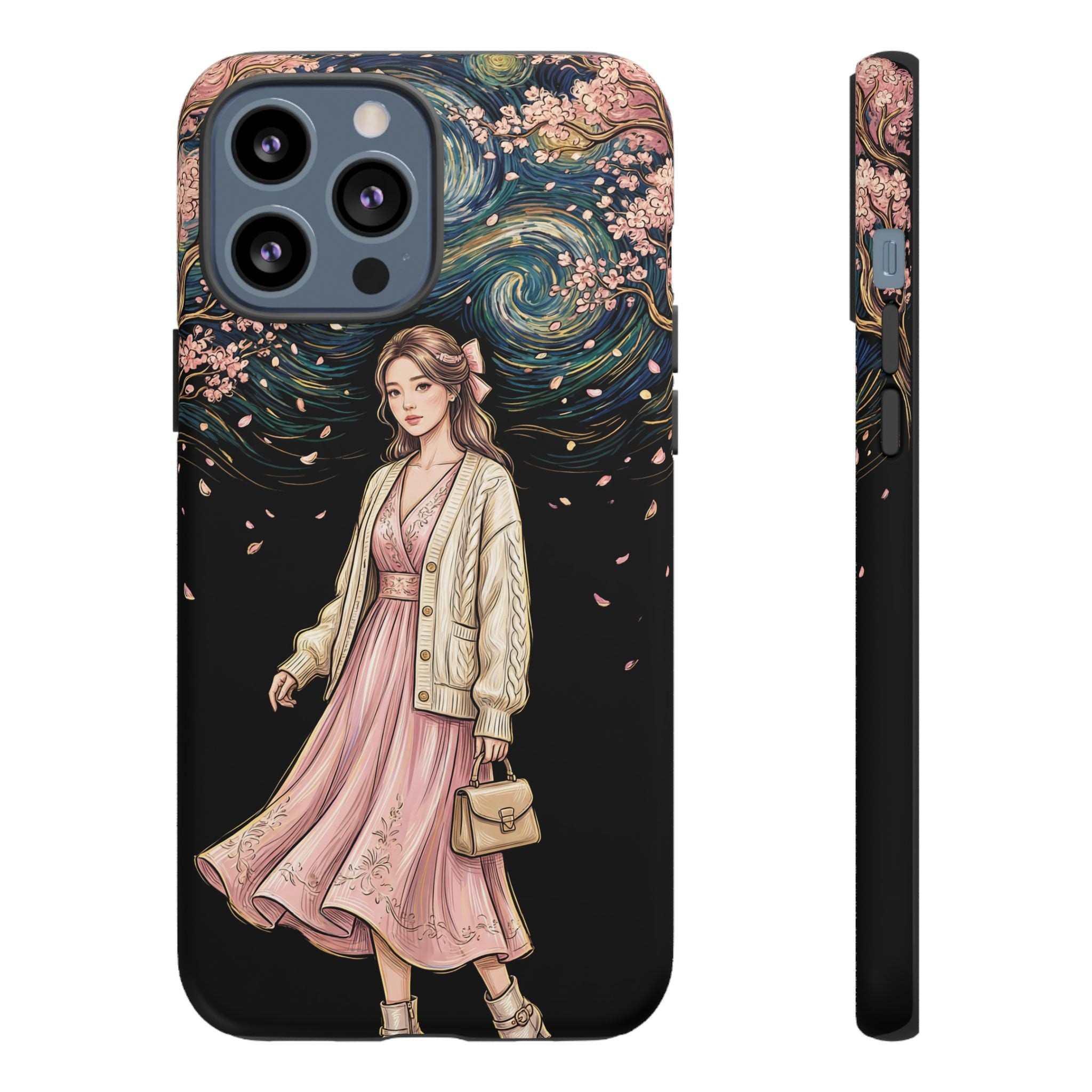 Floral Starry Night iPhone Case | Elegant Girl in Pink Dress