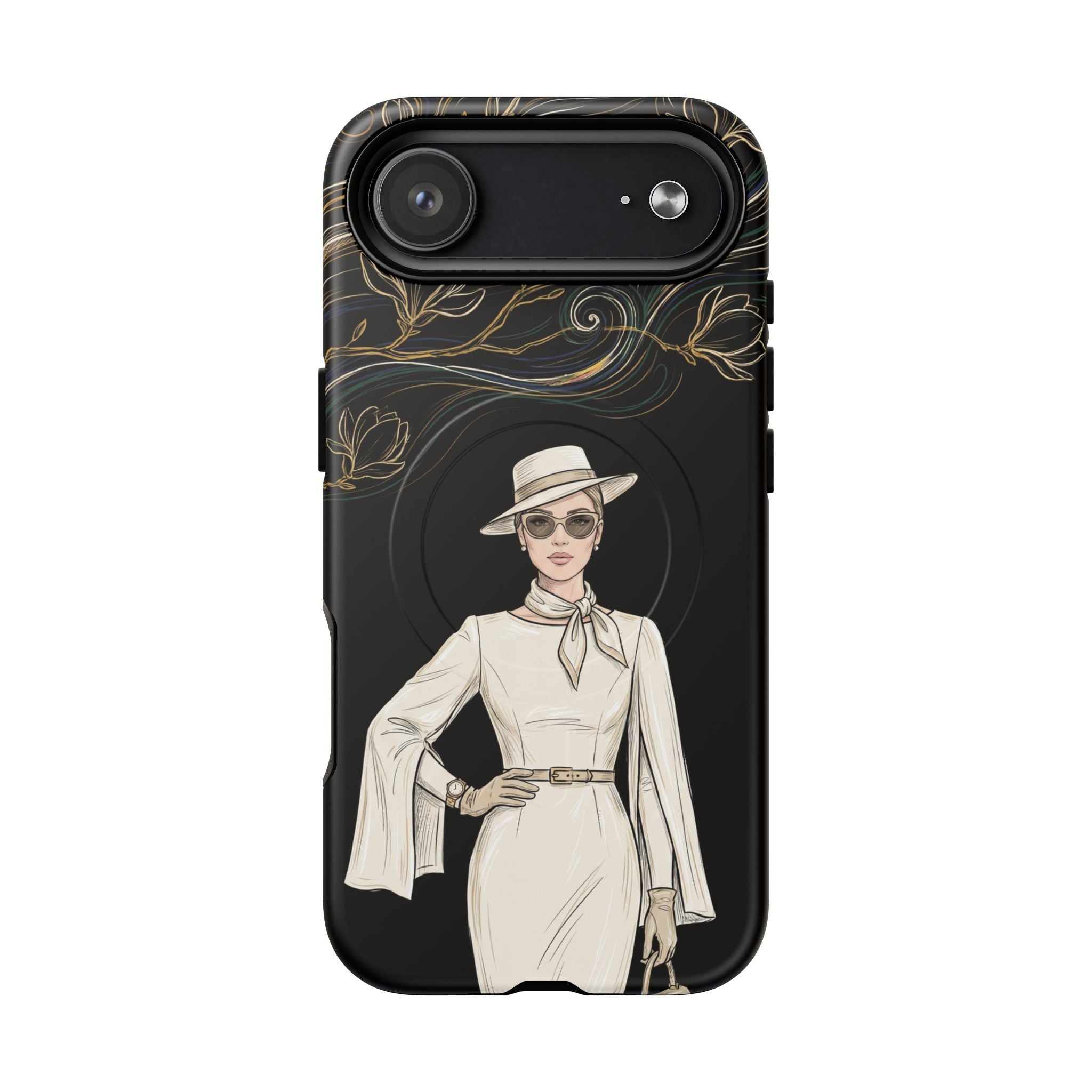 MagSafe iPhone Case | Elegant Vintage Lady with Gold Floral Swirls