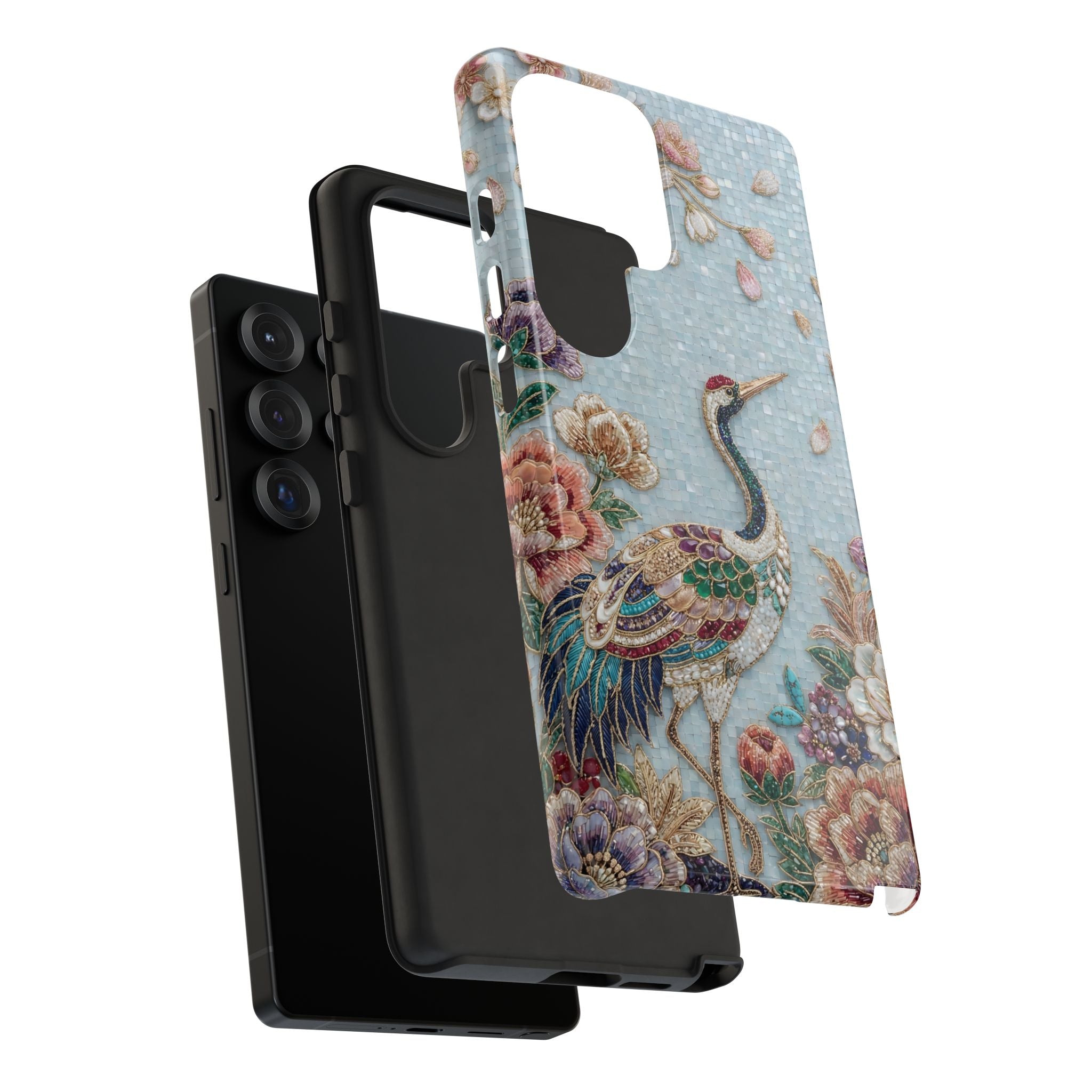 Custodia per telefono Samsung Galaxy resistente Gru floreale | Protezione uccello ricamato vintage