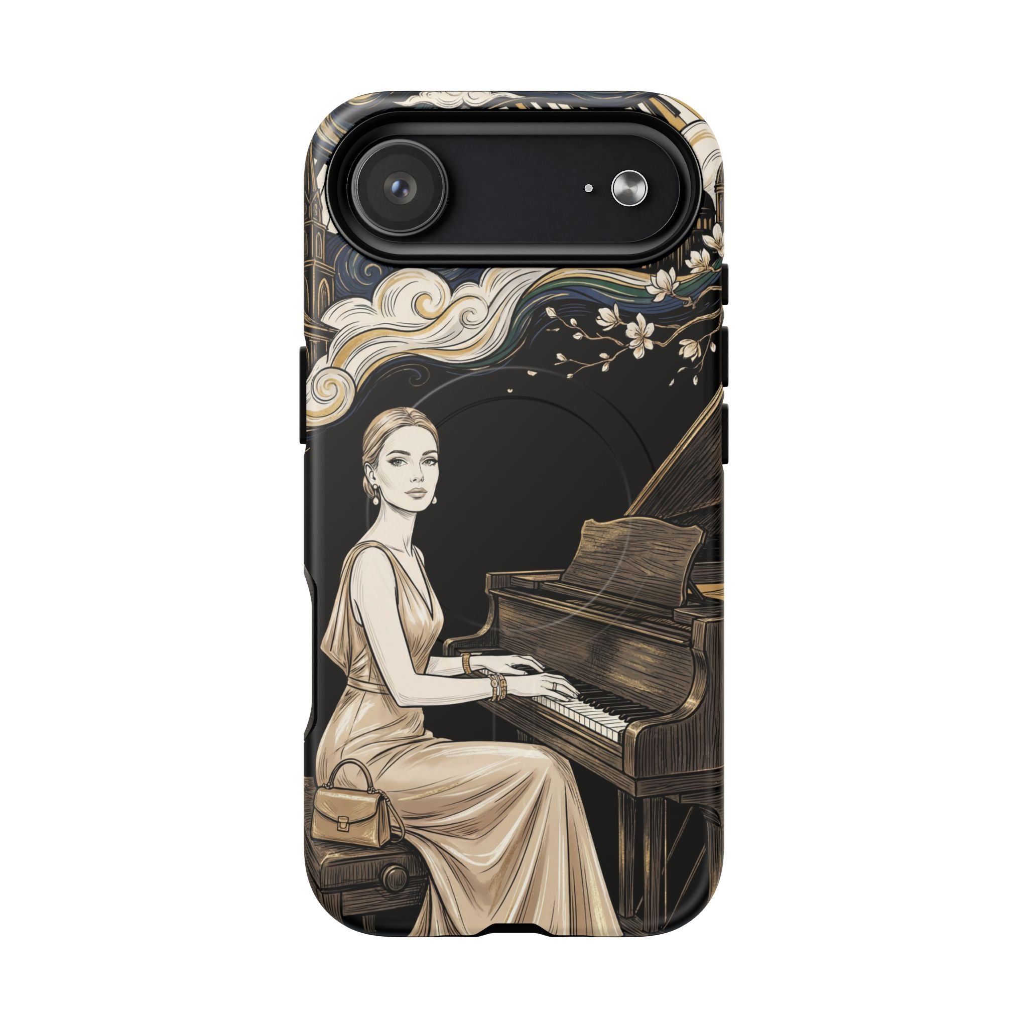 Elegant Piano Woman MagSafe iPhone Case | Vintage Art Deco Music Design