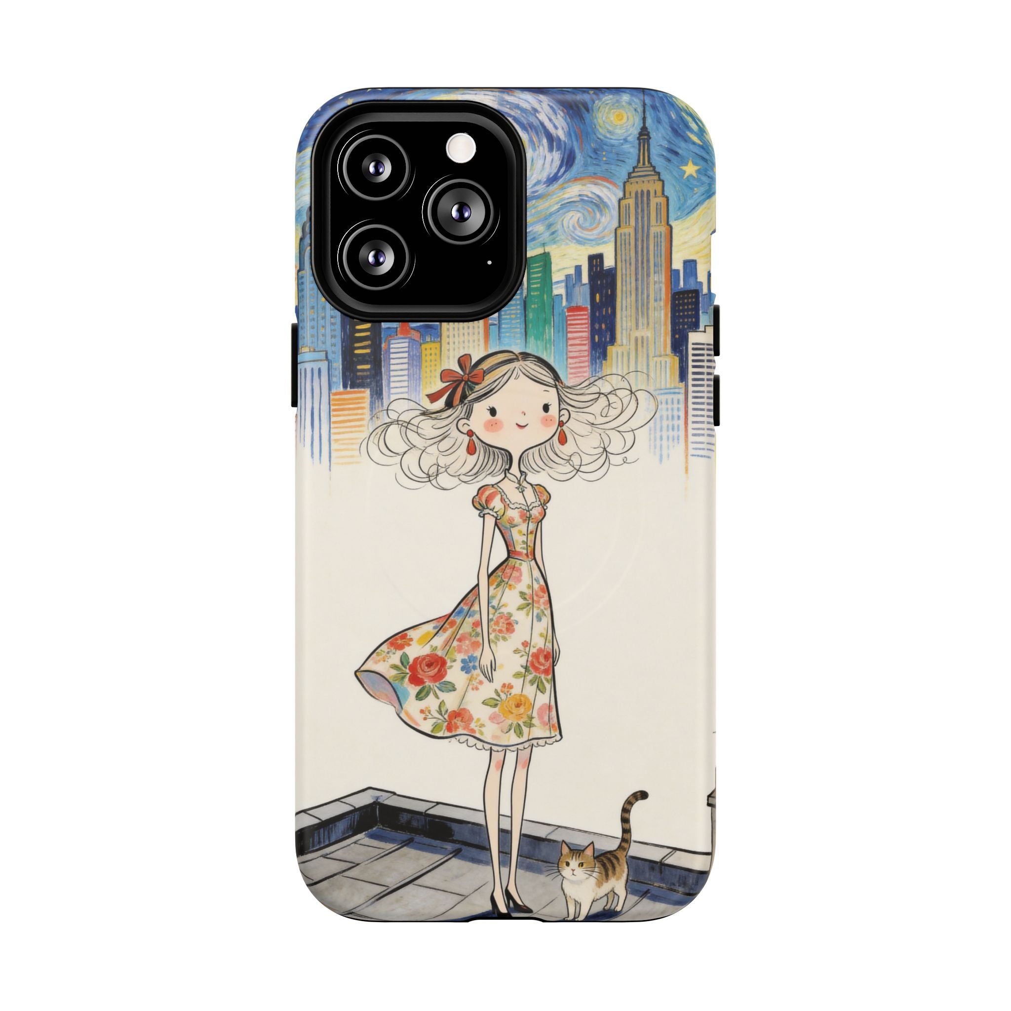 Artistic Girl Cityscape MagSafe iPhone Case | Cute Floral Dress Rooftop Design