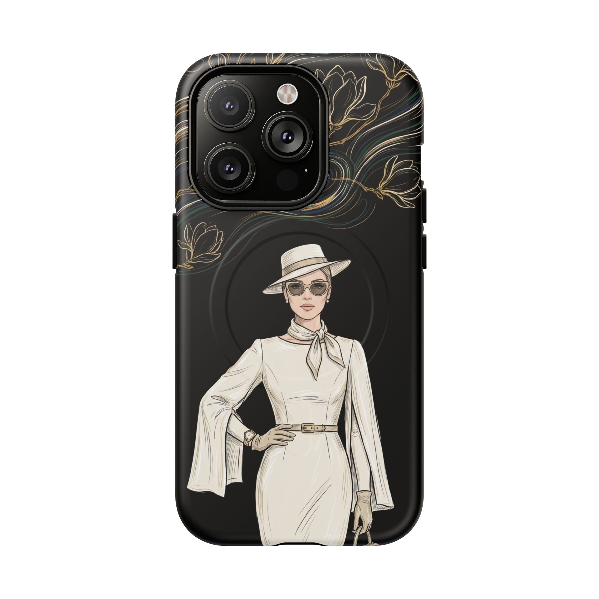 MagSafe iPhone Case | Elegant Vintage Lady with Gold Floral Swirls