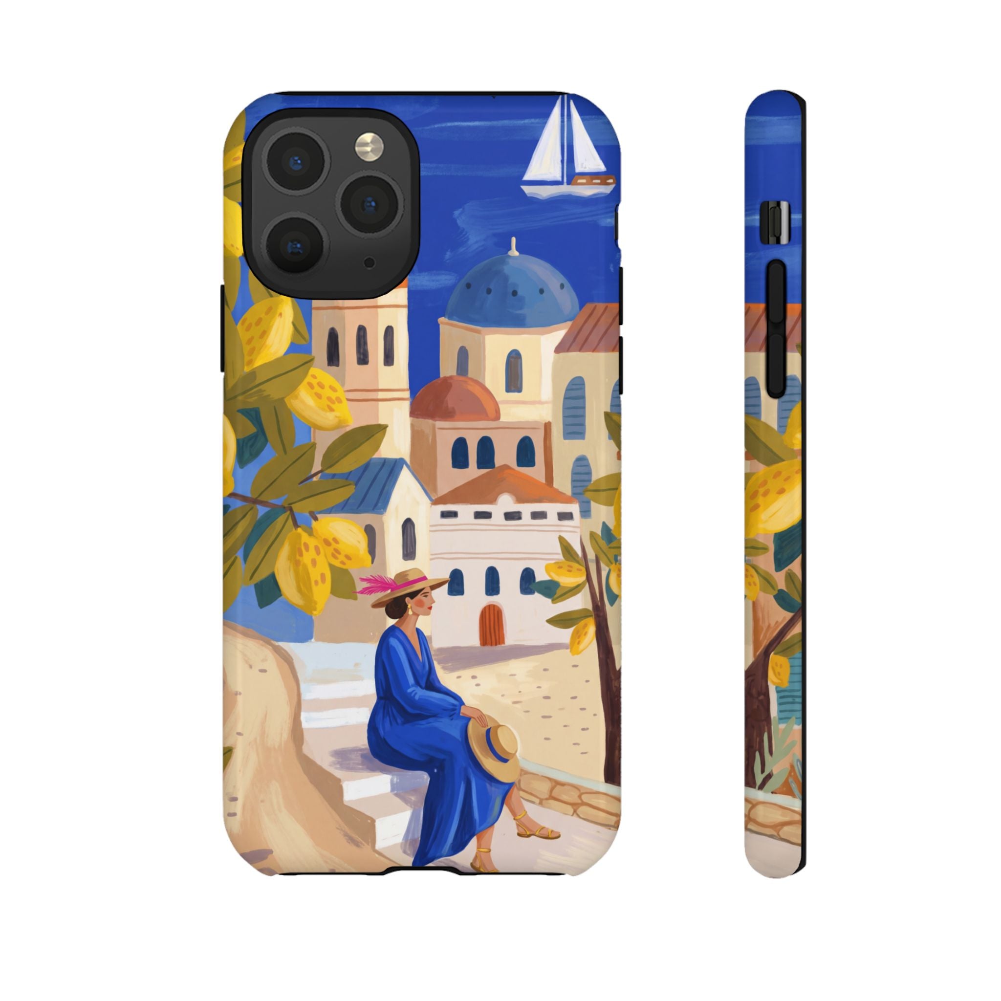 Mediterranean Village iPhone Case | Scenic Sailboat & Lemon Grove Design