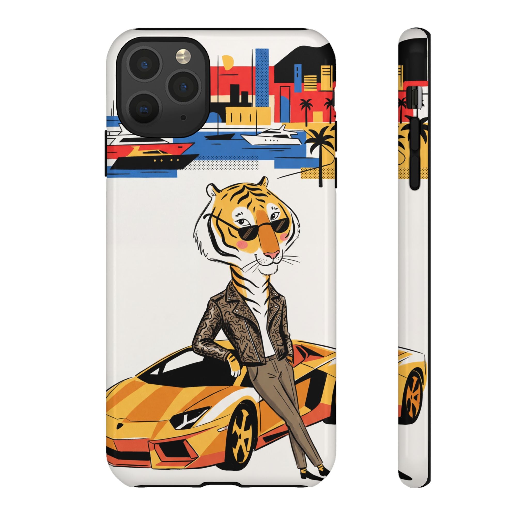 Stylish Tiger with Sports Car Illustration iPhone Case