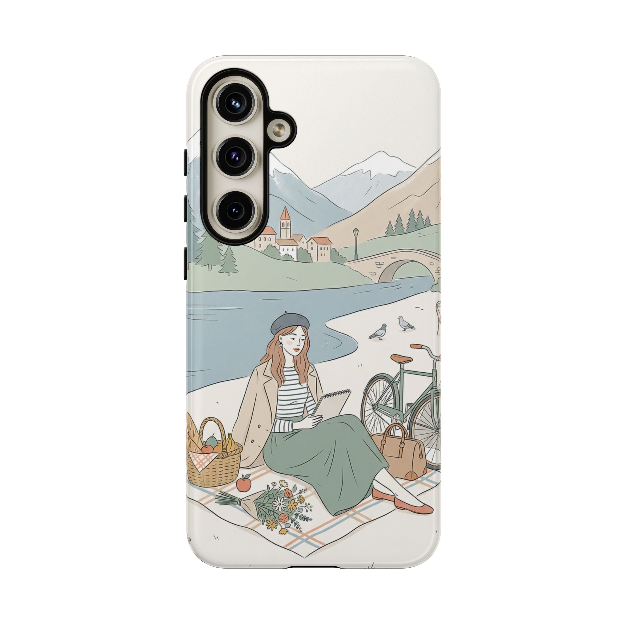 Scenic Picnic Samsung Galaxy Phone Case | Vintage Bicycle & Mountain Illustration