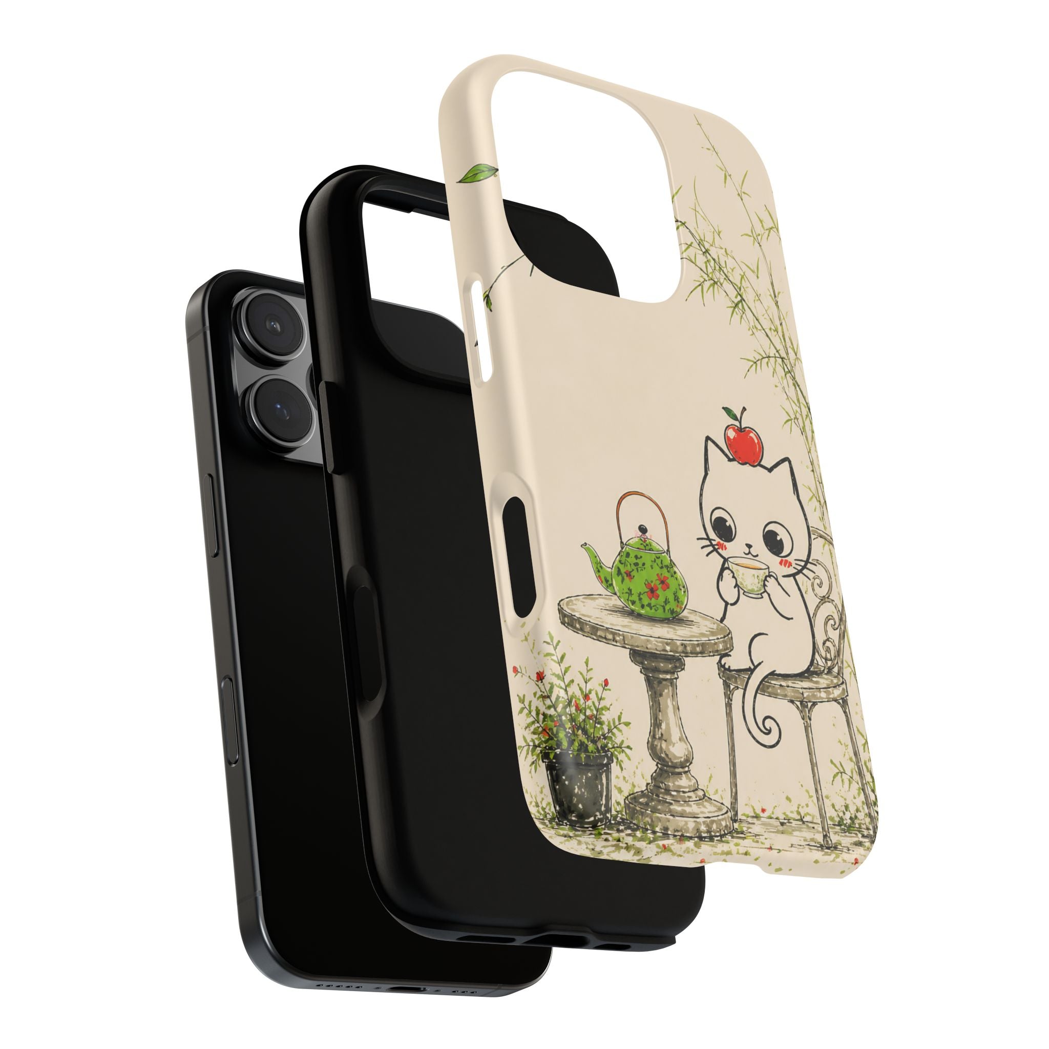 Cute Cat Tea Time iPhone Case | Kawaii Kitten with Apple Design