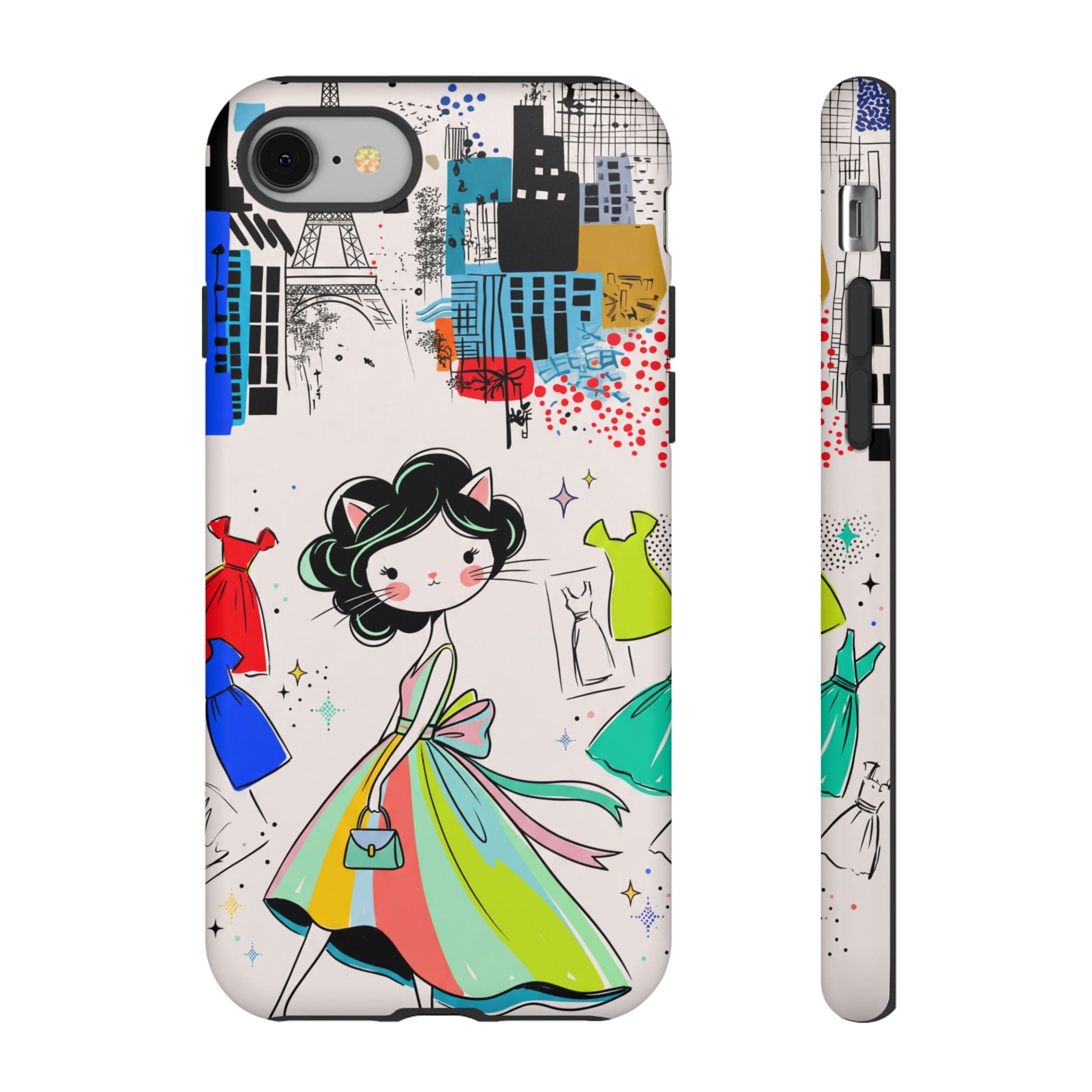 Retro Fashion Cat Girl iPhone Case | Cute Dress & City Print