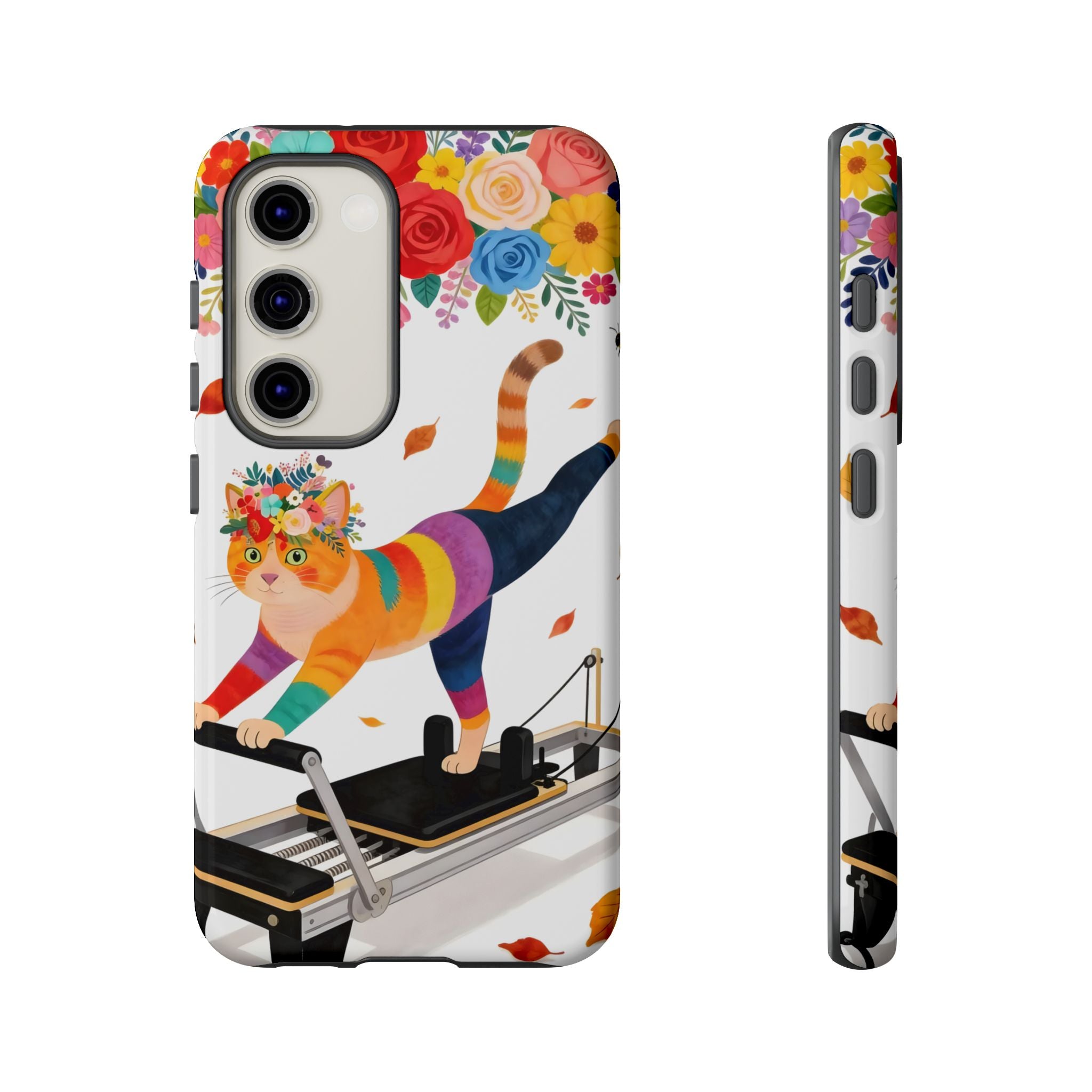 Cat Pilates Samsung Galaxy Phone Case | Floral Rainbow Cat on Reformer