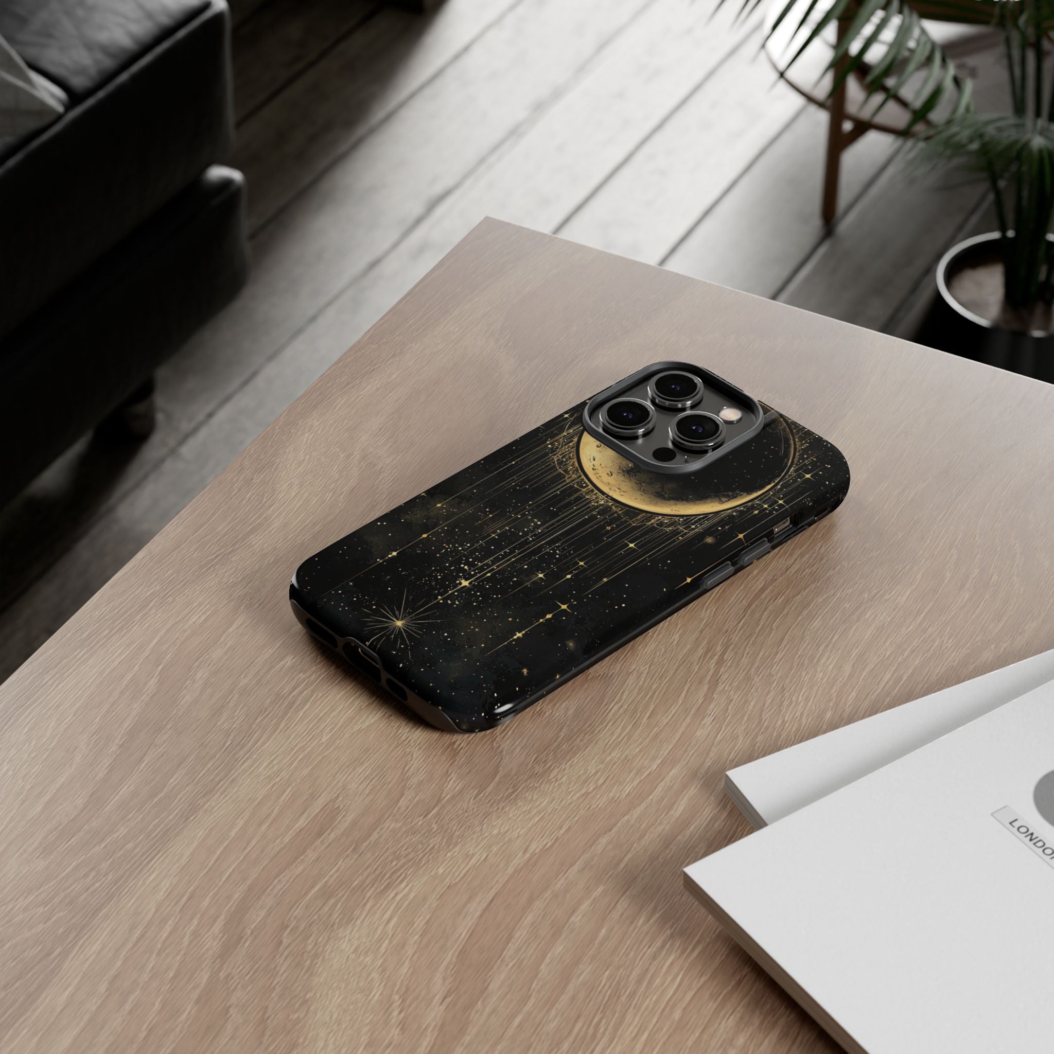 Moonlit Crescent Tough iPhone Case | Gold Stars Night Sky