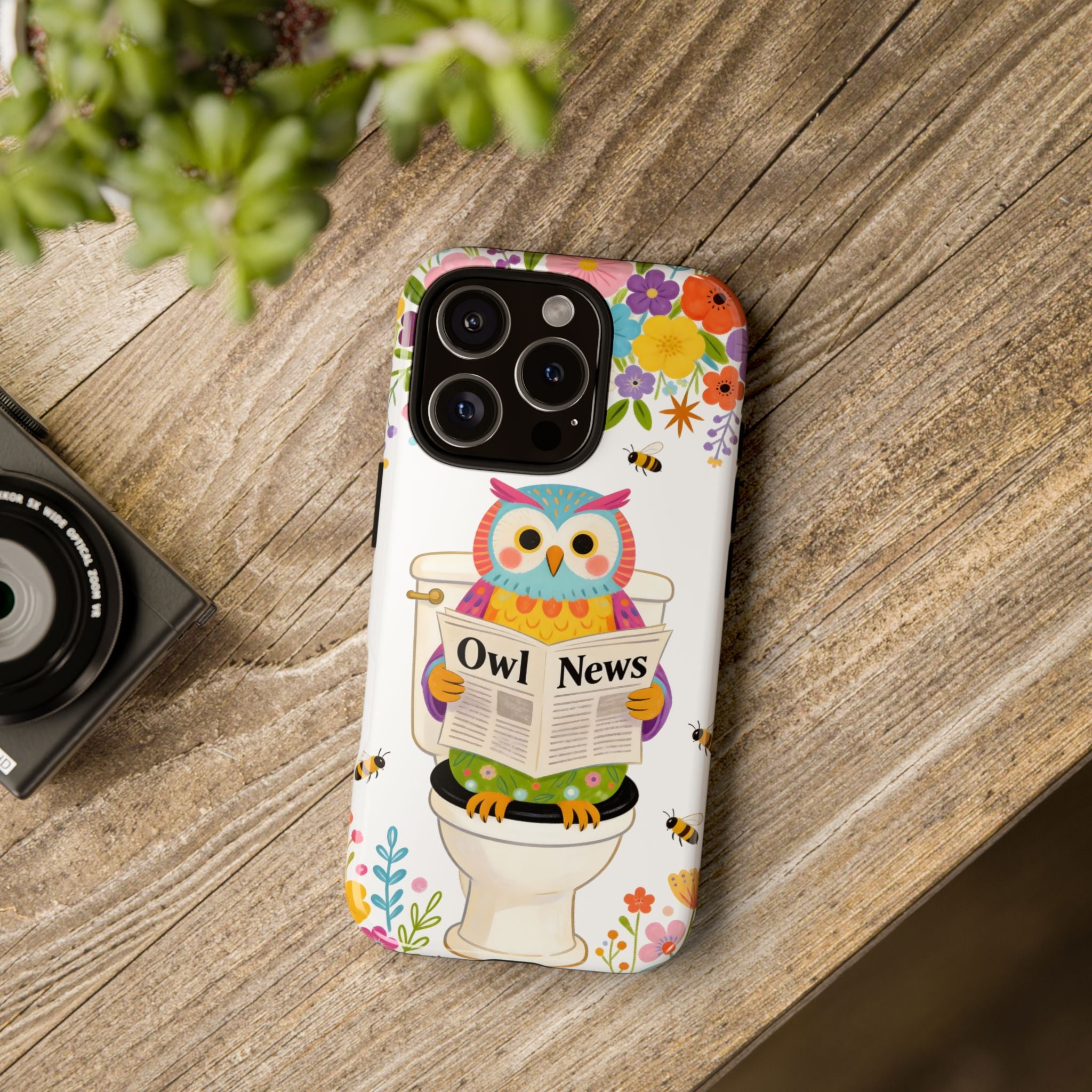 Owl News Floral iPhone Case | Cute Owl Reading Newspaper on Toilet