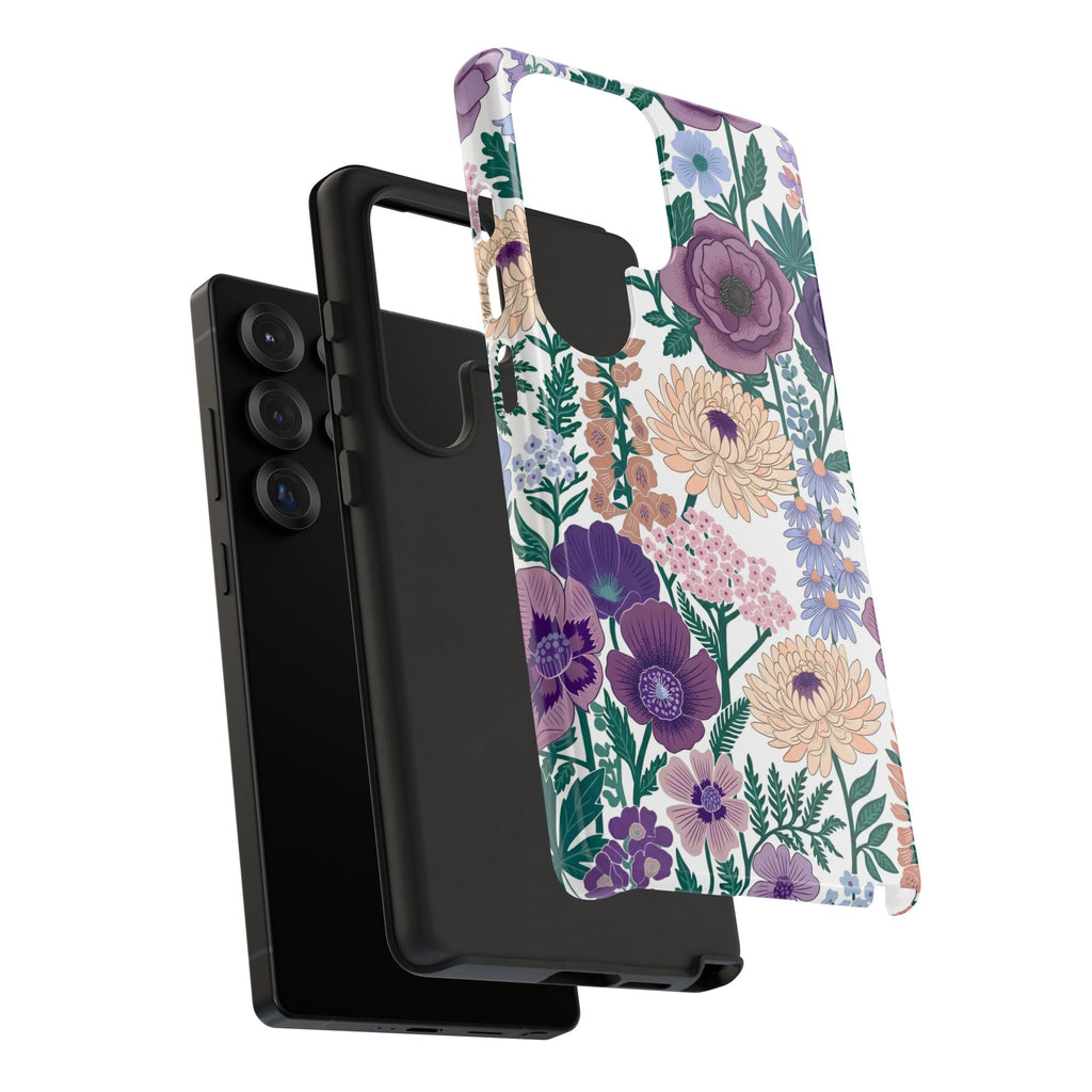 Floral Purple Garden Phone Case — Protective Phone Cover with Lavender & Peach Blooms