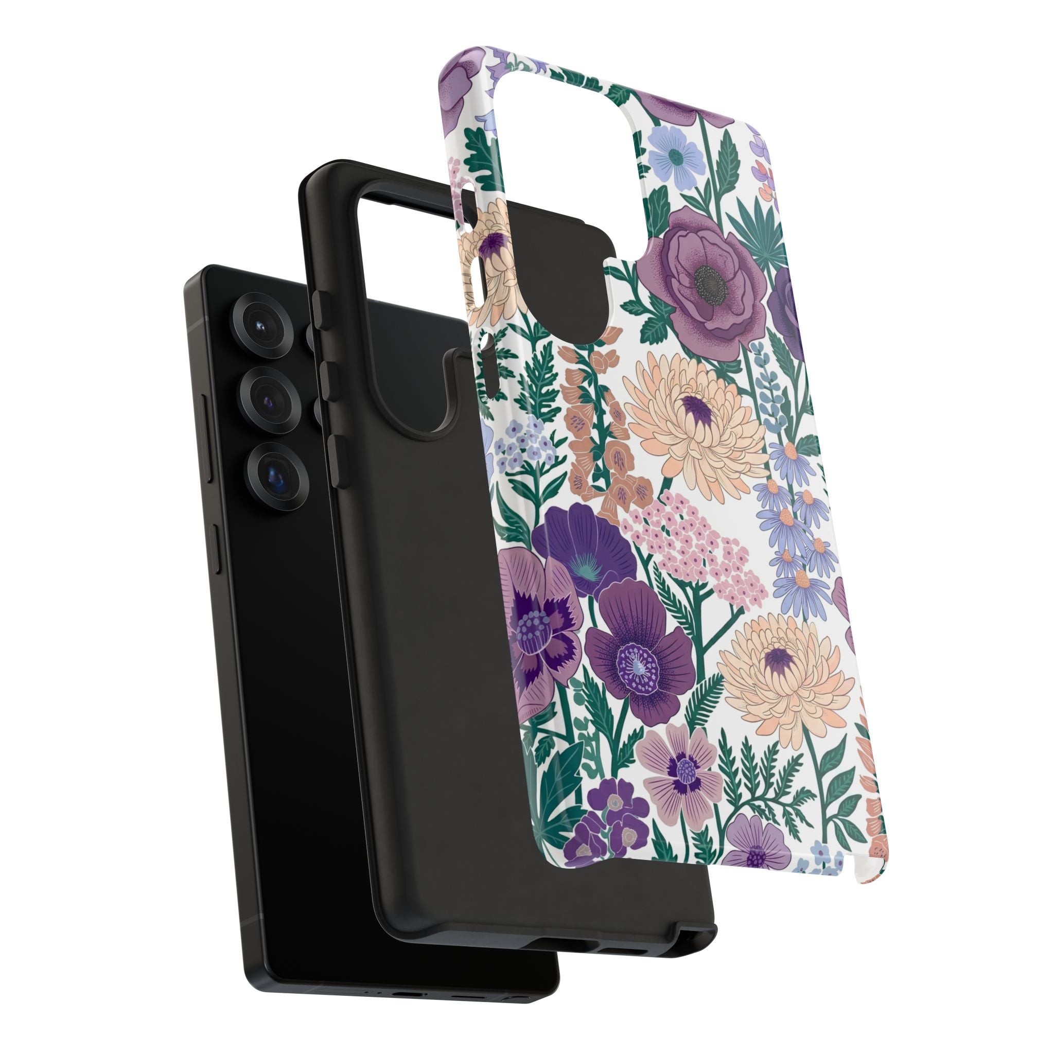 Floral Purple Garden Phone Case — Protective Phone Cover with Lavender & Peach Blooms