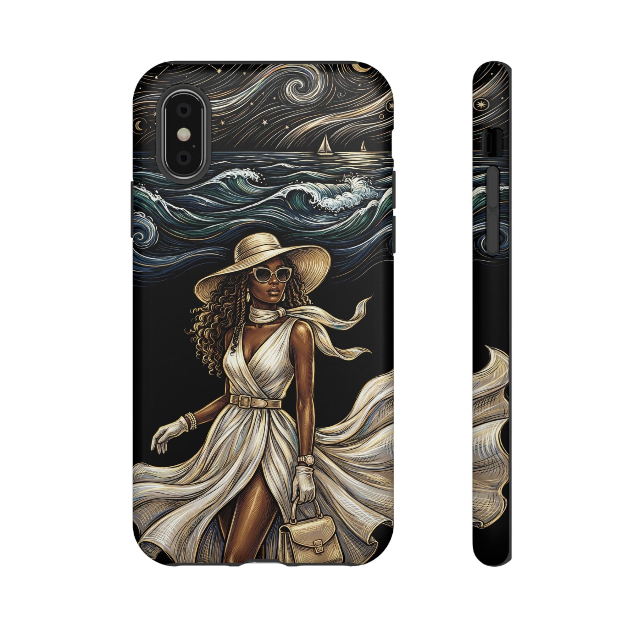 iPhone Case | Elegant Black Woman in Flowing Dress by the Sea