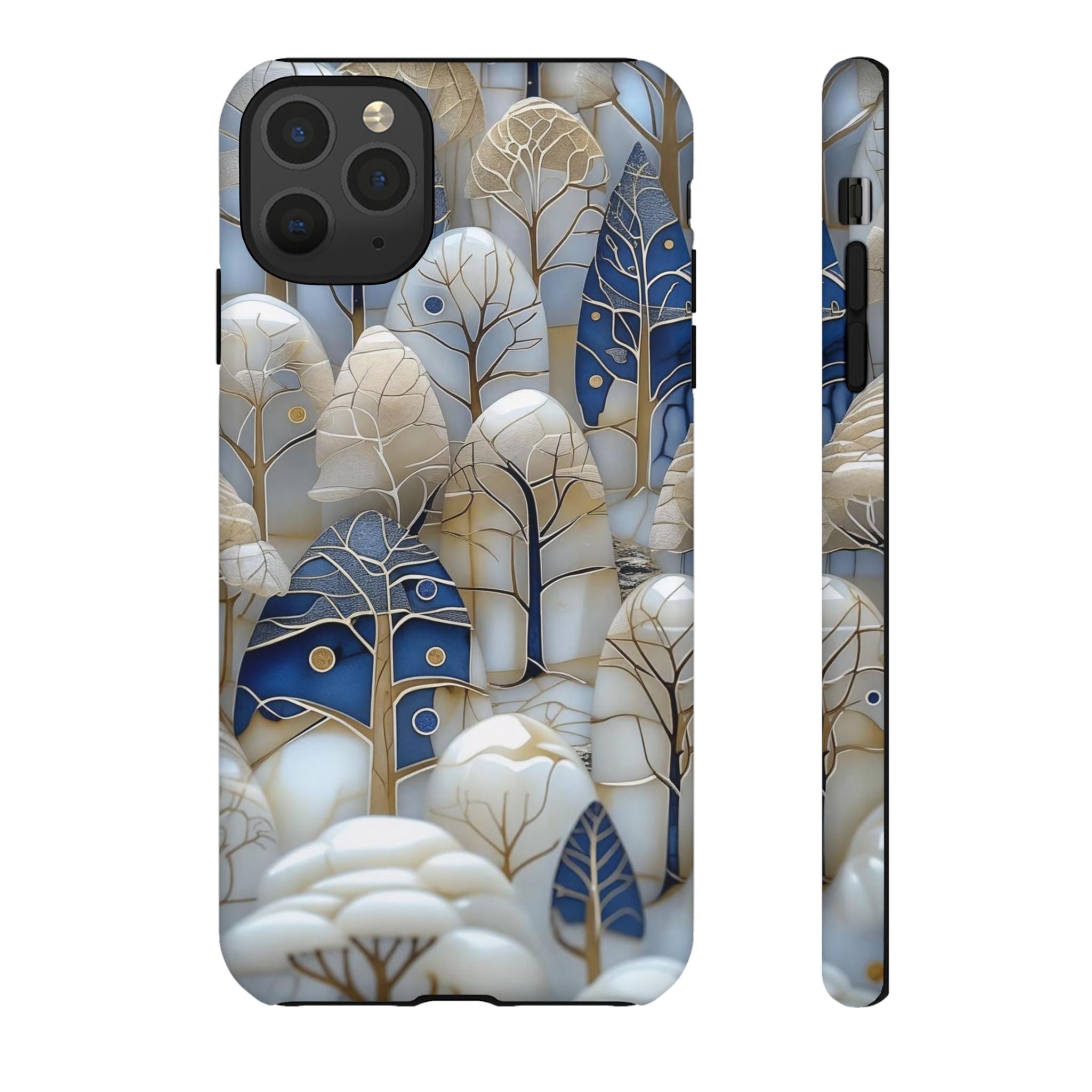 Blue Gold Winter Forest iPhone Case — Elegant Tree Pattern Tough Case