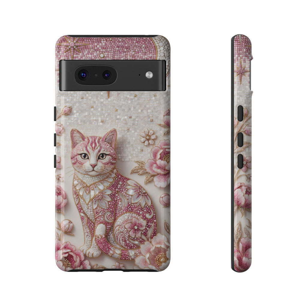 Cover per cellulare Google Pixel con gatto floreale vintage | Cover per telefono con luna rosa e rose
