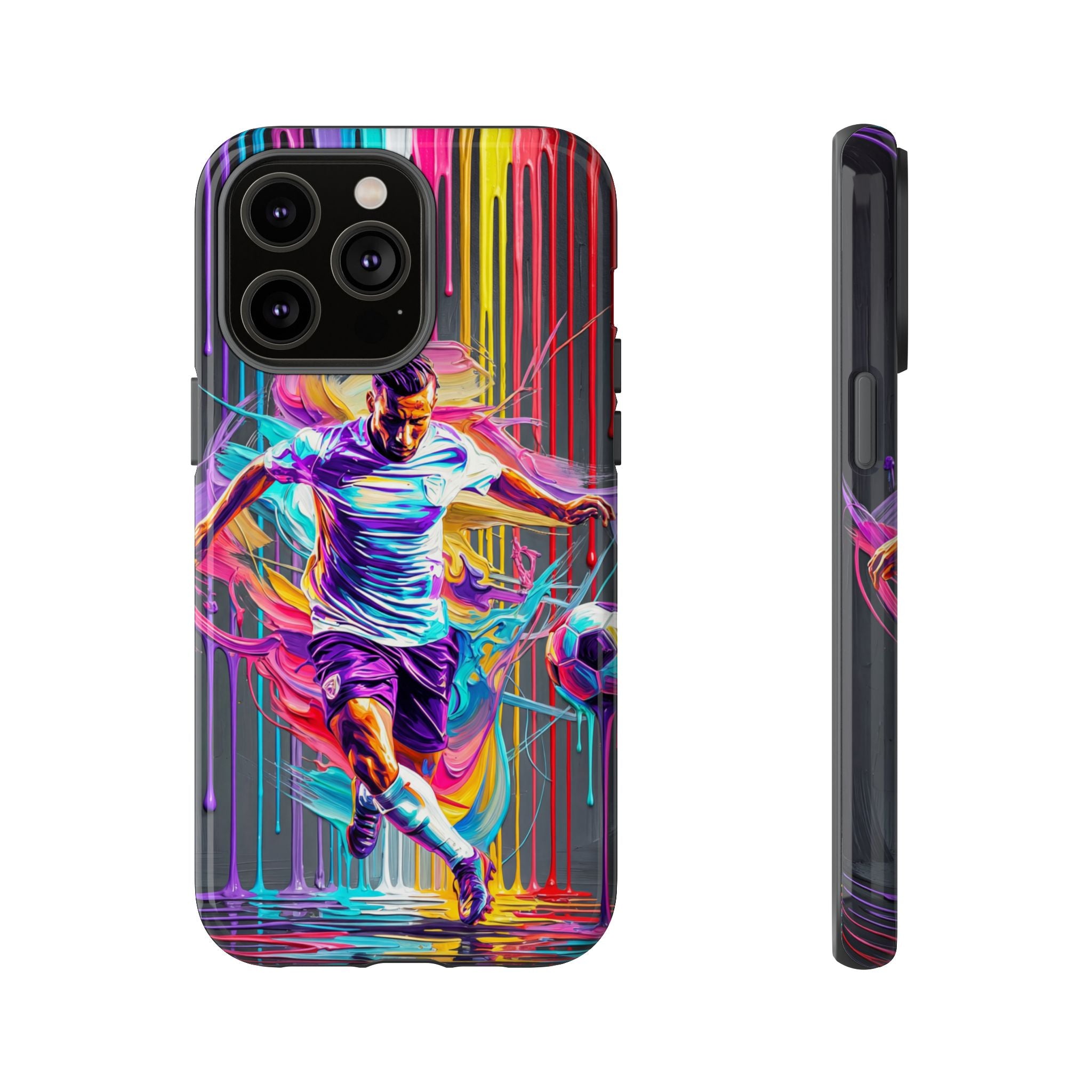 Soccer Player Neon Art iPhone Case | Vibrant Football Kick Protective Cover