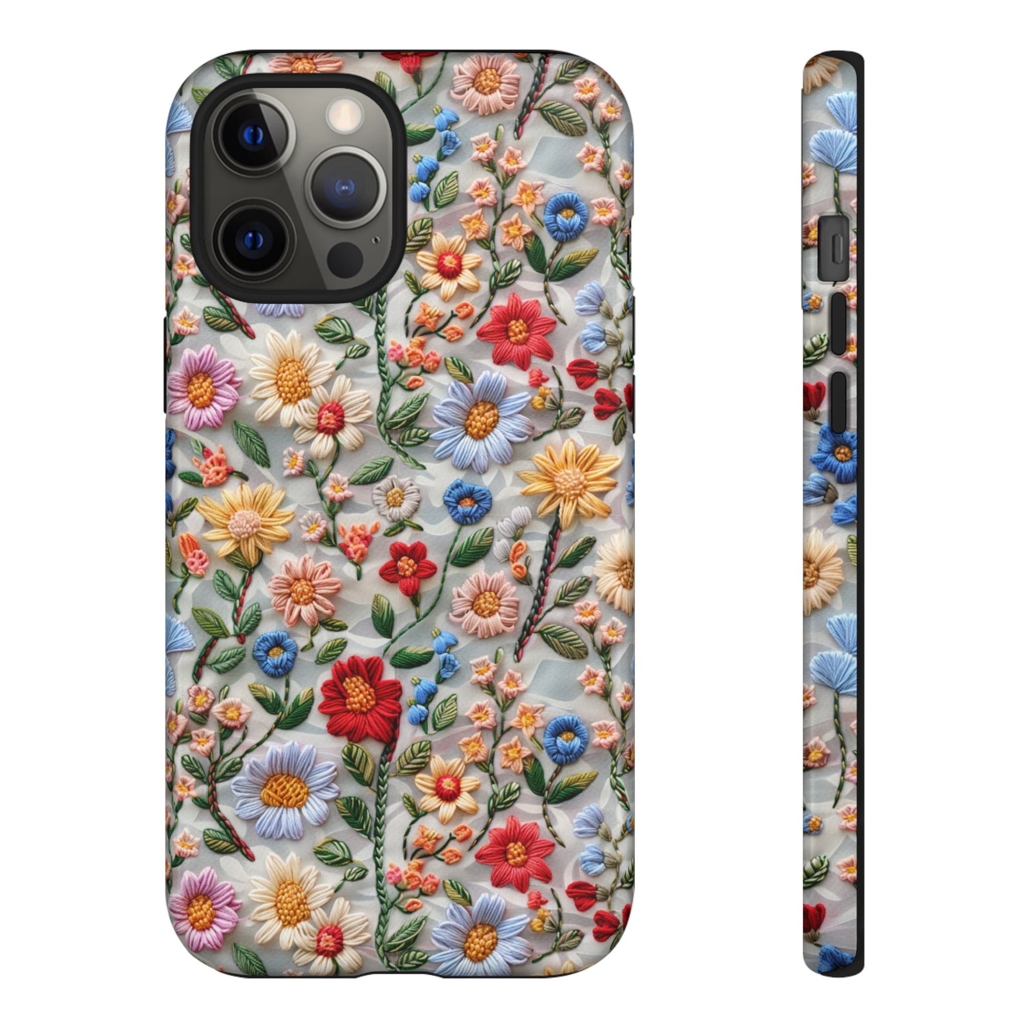 Floral Embroidered Pattern Tough iPhone Case — Colourful Daisy & Wildflower Design