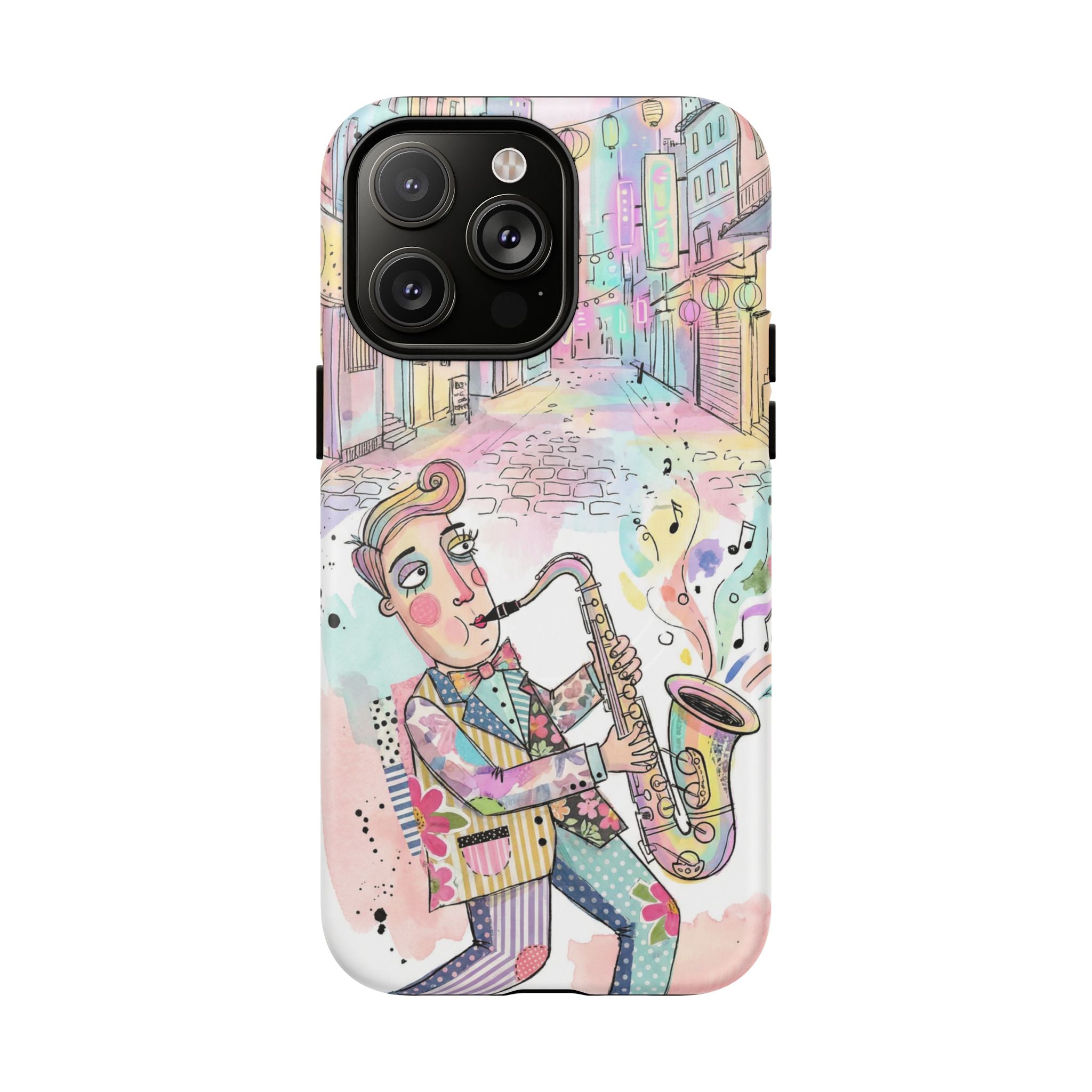 Sax Player Art MagSafe iPhone Case | Pastel Jazz Street Illustration