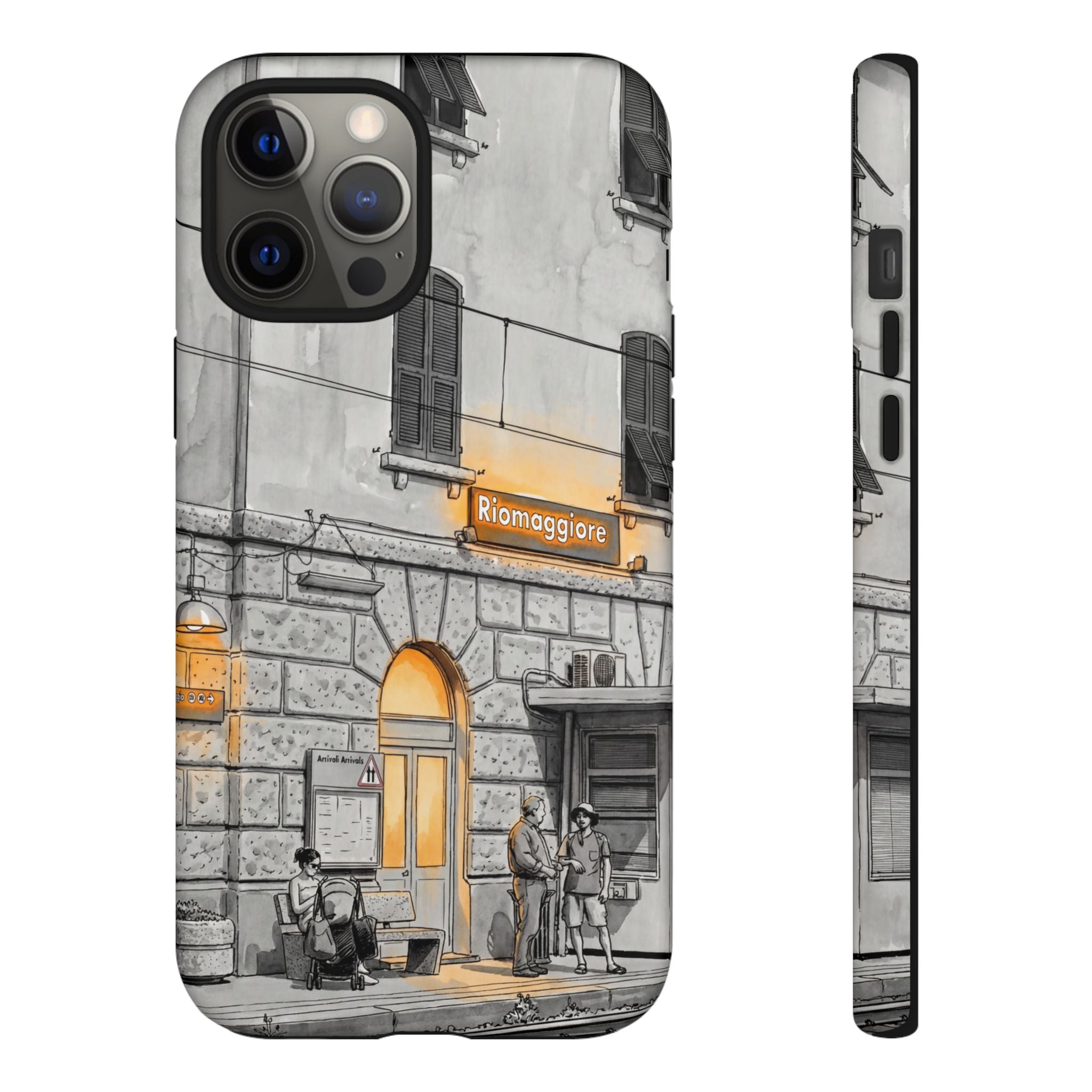 Cinque Terre Train Station iPhone Case | Black & White Sketch with Warm Yellow Accents