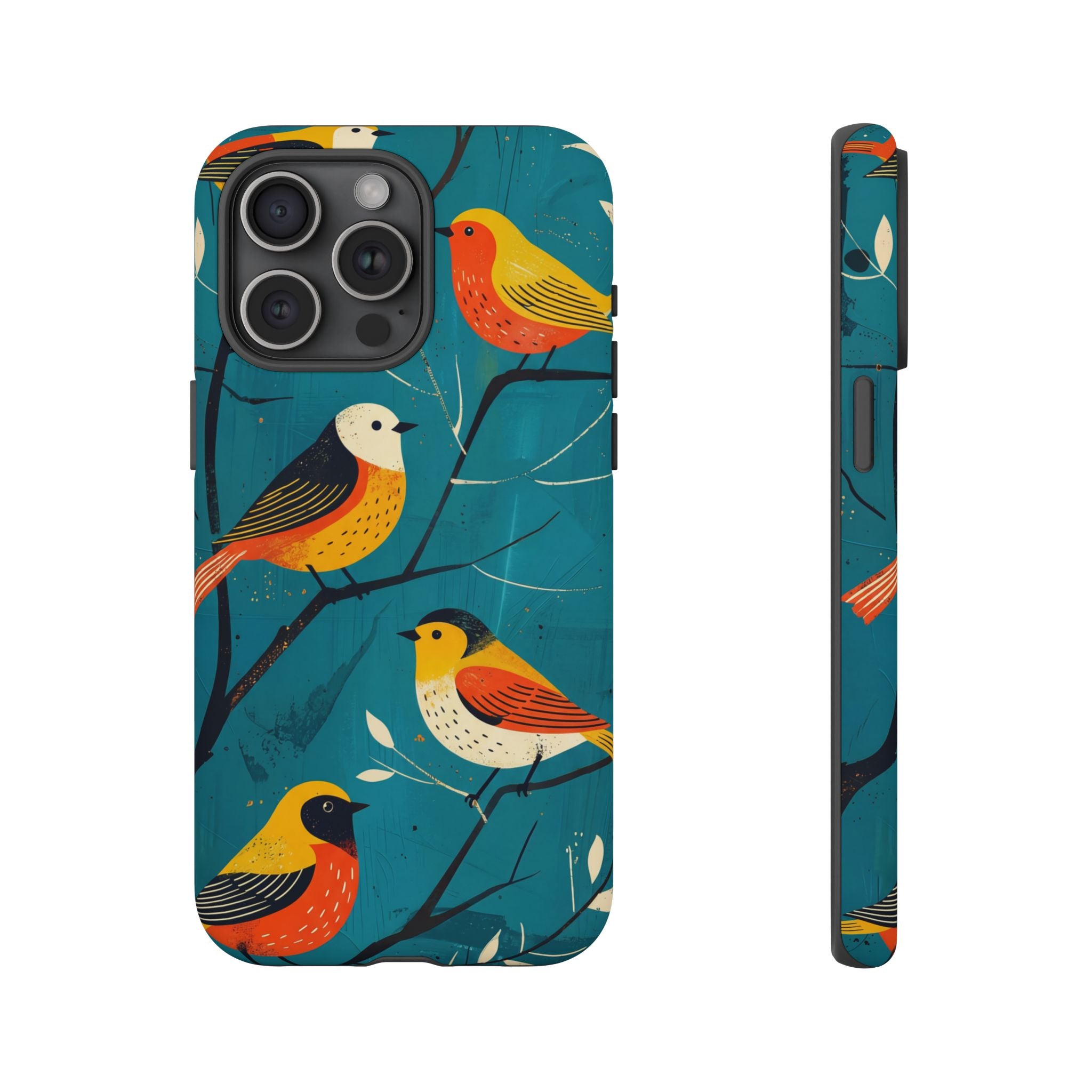 Bird Pattern Tough iPhone Case | Colourful Songbirds on Teal Background