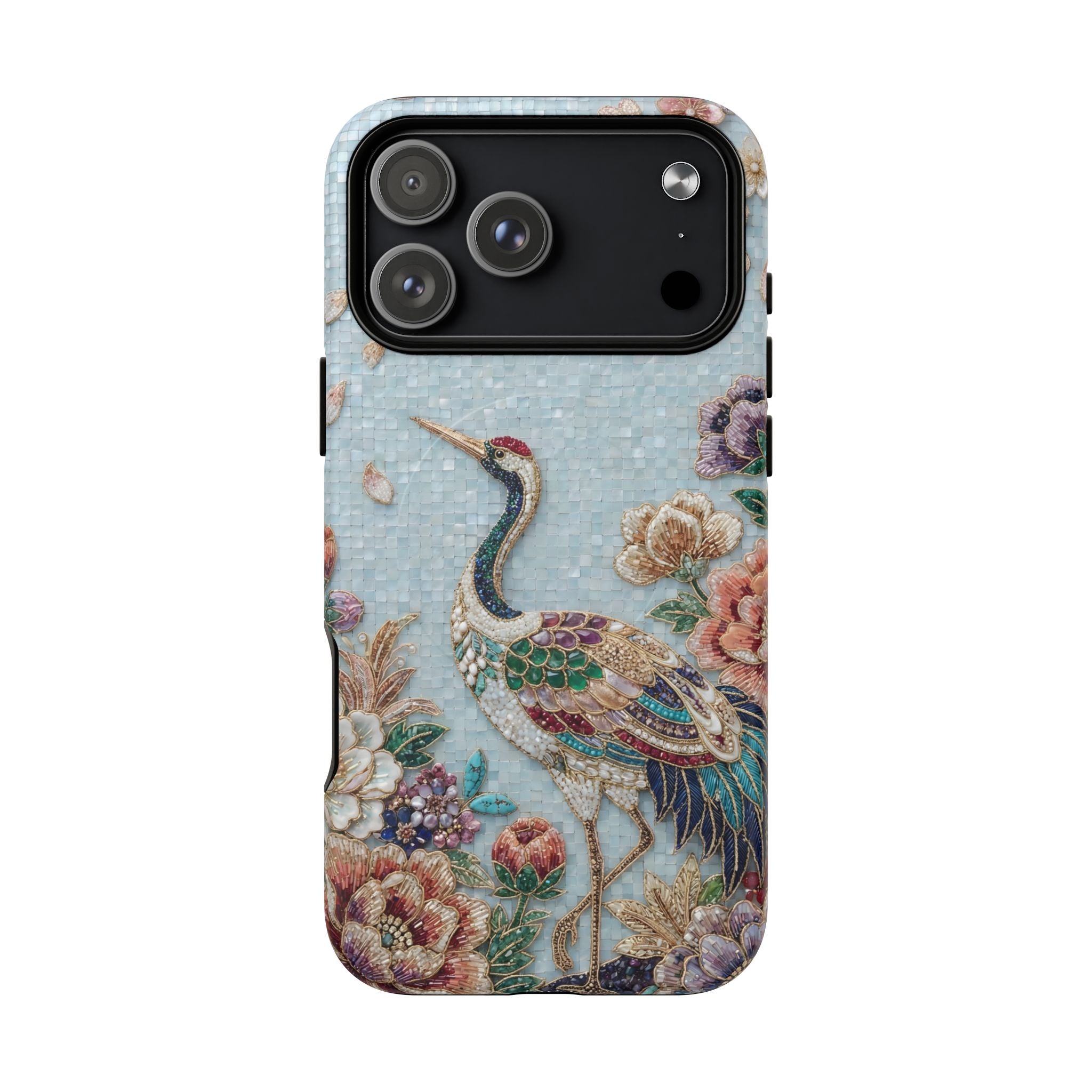 Floral Crane Tough MagSafe iPhone Case | Vintage Embroidered Bird Protection