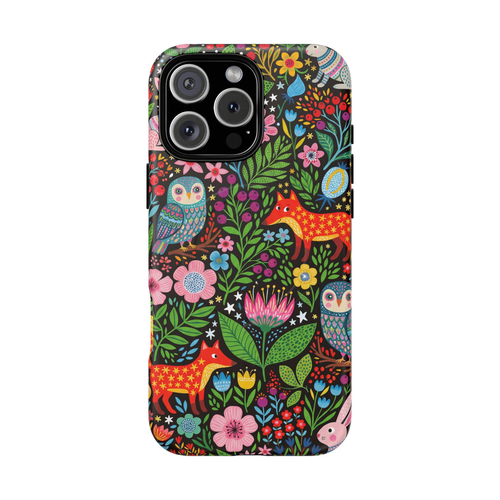 Floral Woodland MagSafe iPhone Case | Colourful Fox & Owl Protective Cover