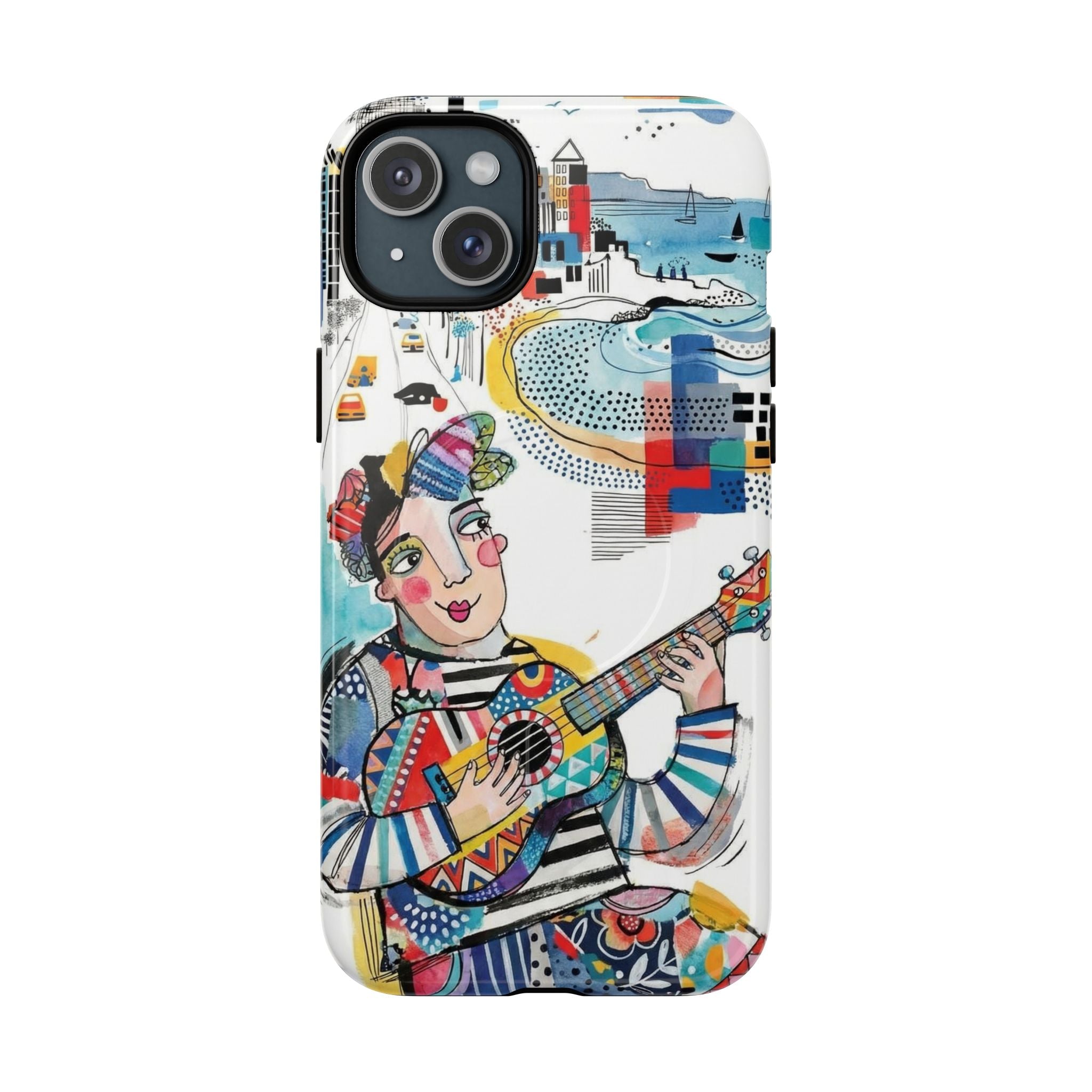 Artistic Musician MagSafe iPhone Case | Colorful Guitar Cityscape Tough Case