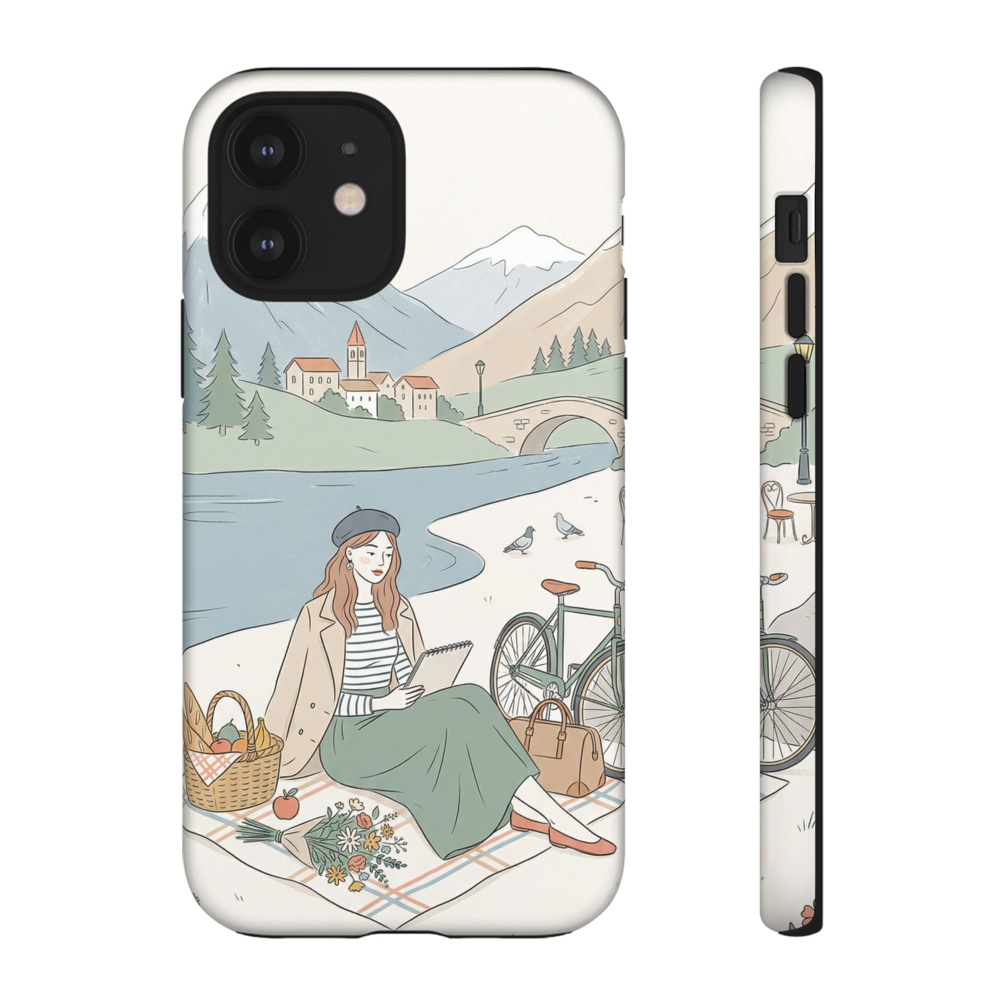 Scenic Picnic iPhone Case | Vintage Bicycle & Mountain Illustration