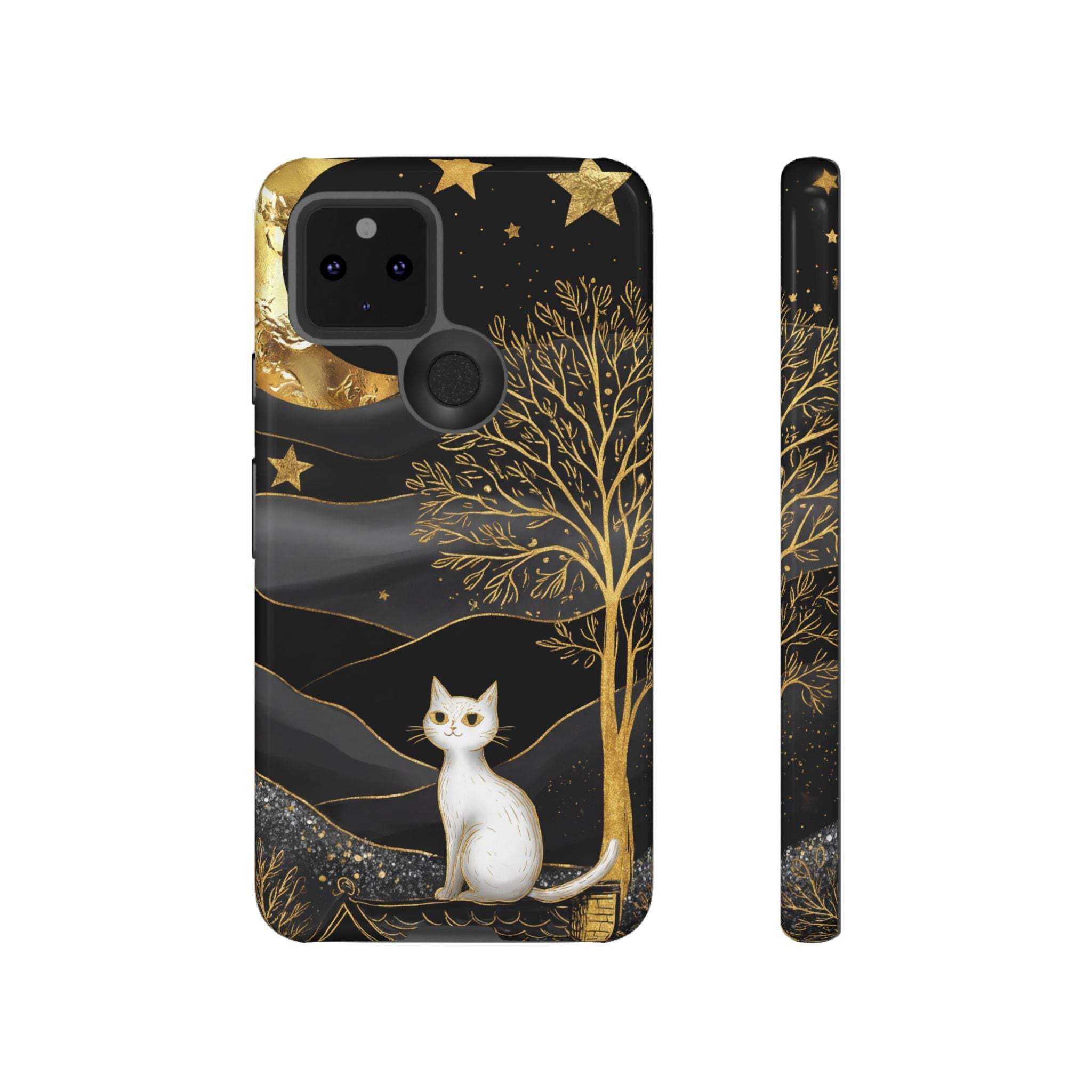 Mystic Night Cat Google Pixel Case | Gold Tree & Stars Tough Case